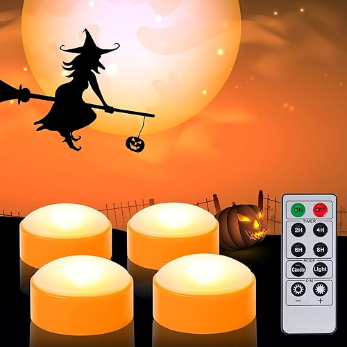Velas votivas de Halloween sin falma, más de 200 horas, velas LED parpadeantes con calcomanías de calabazas para decoración del hogar de Halloween,
