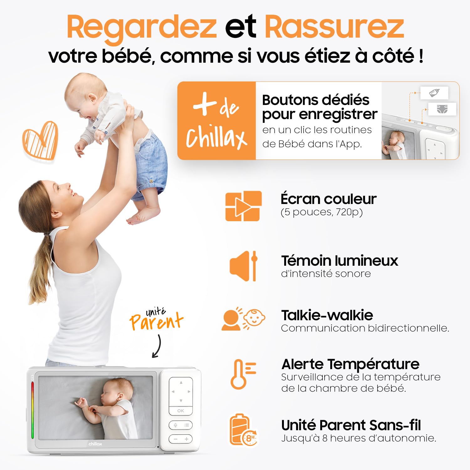 CHILLAX - Babyphone Camera Giraffe Mood Sleep Trainer - Écran LCD HD 5'' - Caméra 360° 1080p - Tige Flexible - Apprentissage du Sommeil & Veilleuse Multicolore - Talkie-Walkie - WiFi on/Off - App