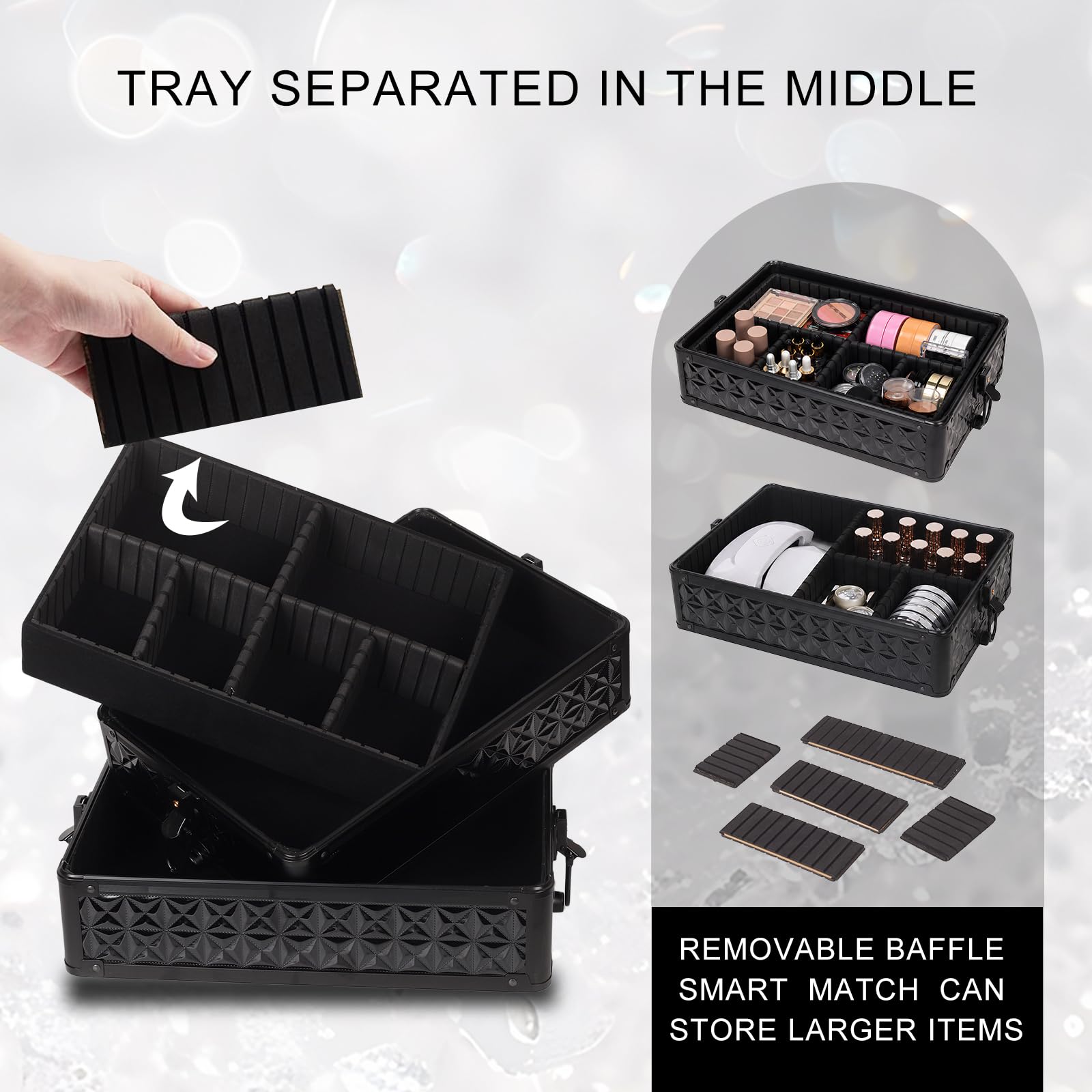 Kosmetikkoffer Trolley 6-in-1 Schminkkoffer mit Spiegel Schloss Großer Kosmetik Reisekoffer Make-up Organizer Schwarz