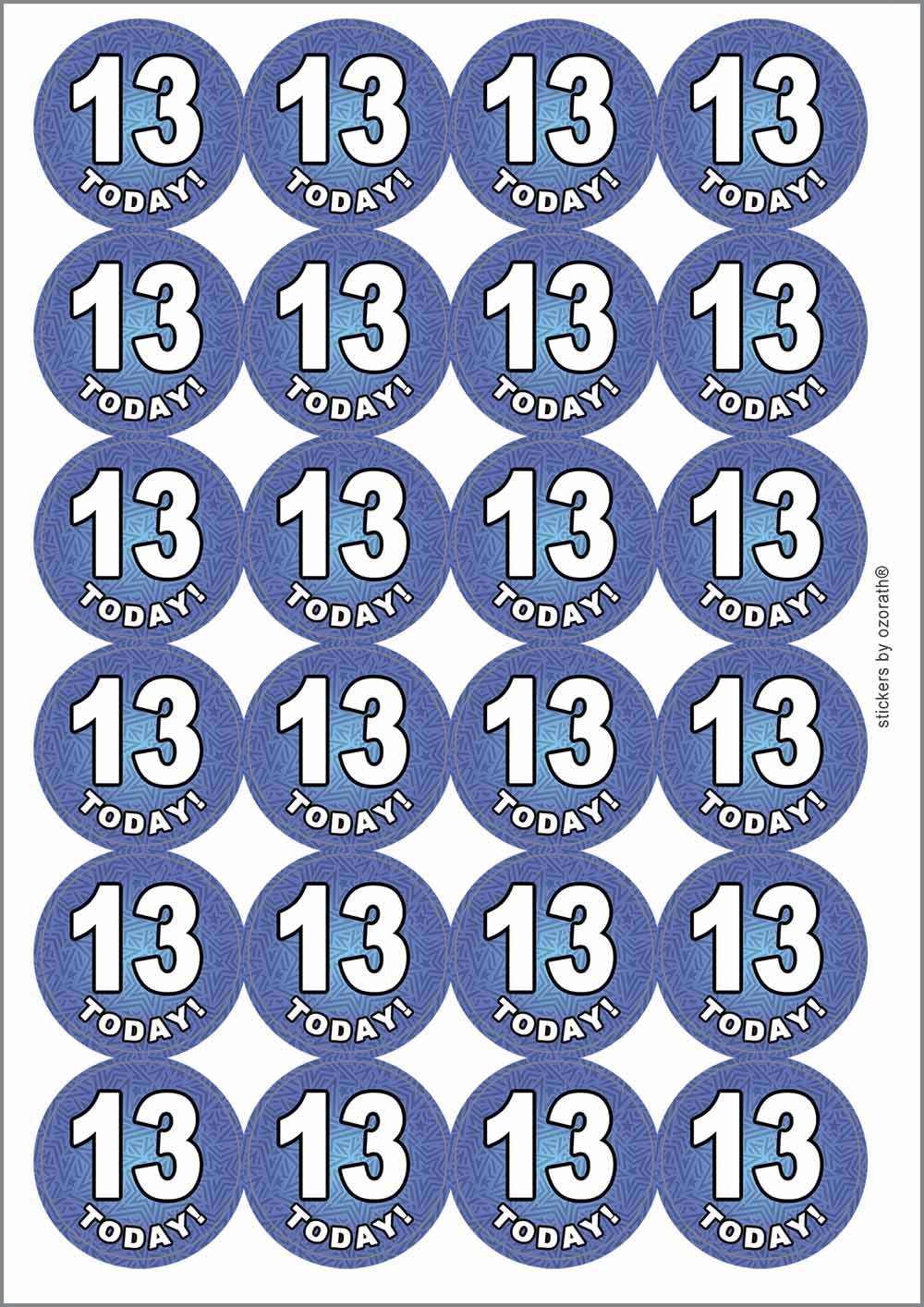 13 Thirteen Today Thirteenth 13th Birthday Circular Matt Paper Stickers A4 Sheet of 24 (Each Sticker is 45mm Diameter)