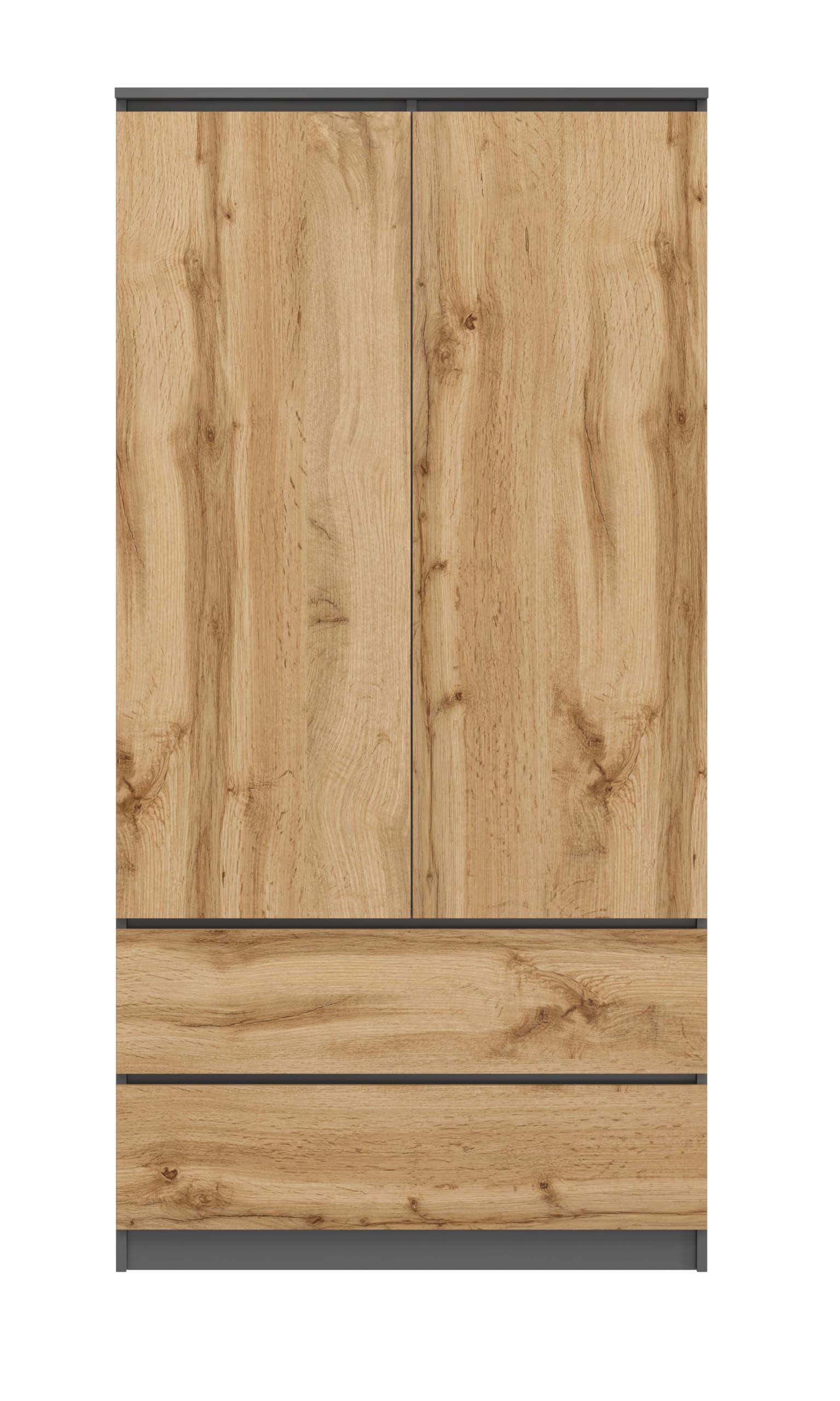 BDW Monia Armoire avec 2 portes et 2 tiroirs, mat, 4 étagères, guides à roulettes en métal, pour chambre à coucher, penderie, bureau (anthracite/chêne Wotan, 180 x 90 x 50 cm)