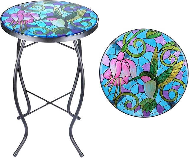 VCUTEKA Patio Side Tables Outdoor, 14" Hummingbird Patio Accent Round Glass Mosaic Table Stands for Porch Balcony Backyard Garden Indoor Outdoor