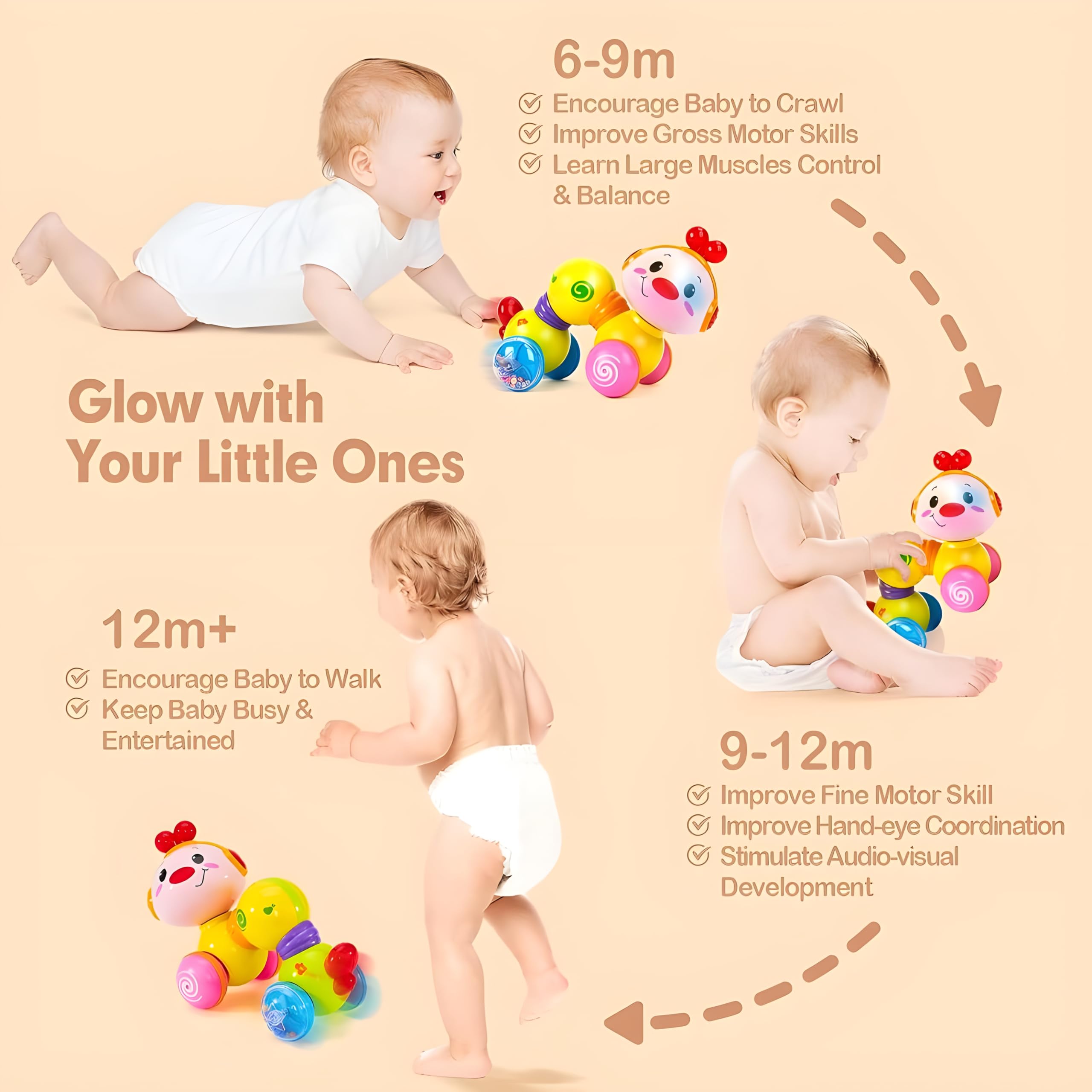 STOFFIER GARTEN Press & Go Baby Crawling Toys for 1 Year Old, with Musical, Sounds, Light up - Motor Skills Cause and Effect Toys for Babies 6-12 Months Old Baby & Toddler Toys 3