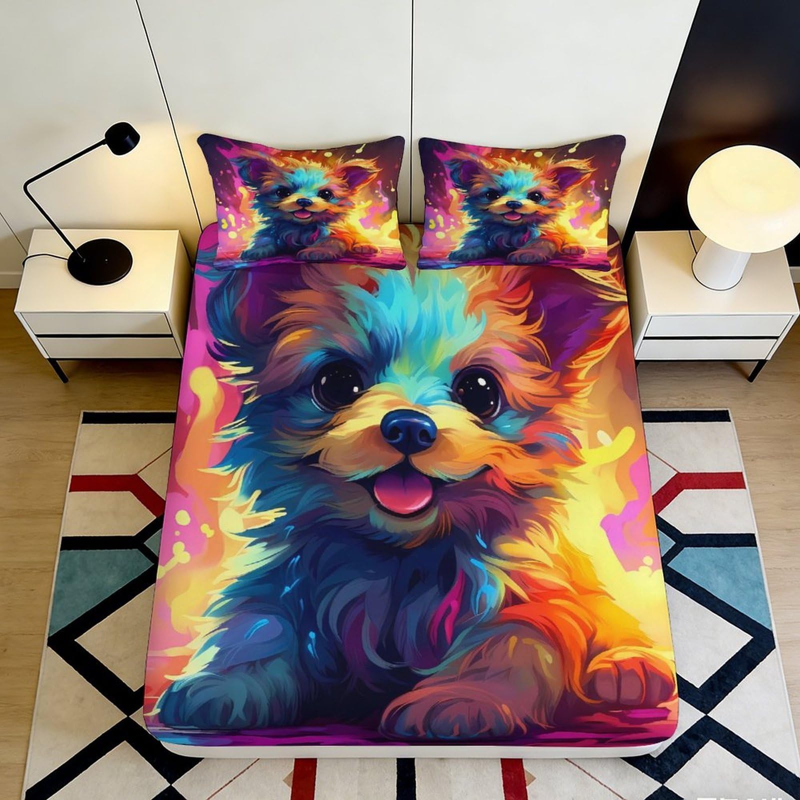 3D Printed Colorful Puppy Fitted Sheet Microfiber Soft Breathable Cartoon Dog Mattress Cover for Bedroom Guest Room Decor 90x200x25cm