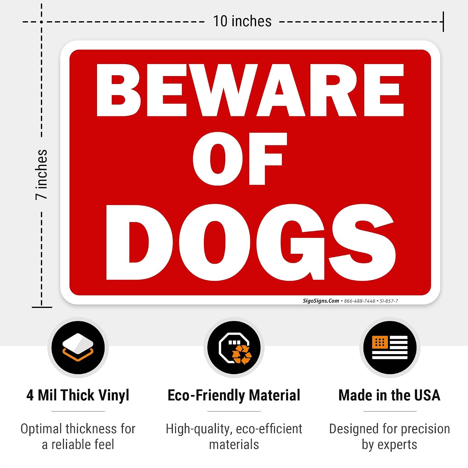 Beware of Dog Sign, Pack of 4 10x7 Inches, Rust Free 0.40 Aluminum, Fade Resistant, Easy Mounting, Indoor/Outdoor Use, Made in USA