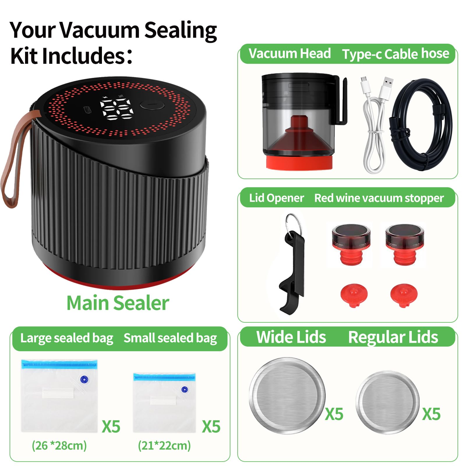 Kit de sellado al vacío eléctrico para tarros de boca ancha y regular, máquina selladora al vacío con succión de -80 kpa, funcionamiento automático con un solo botón para almacenamiento de