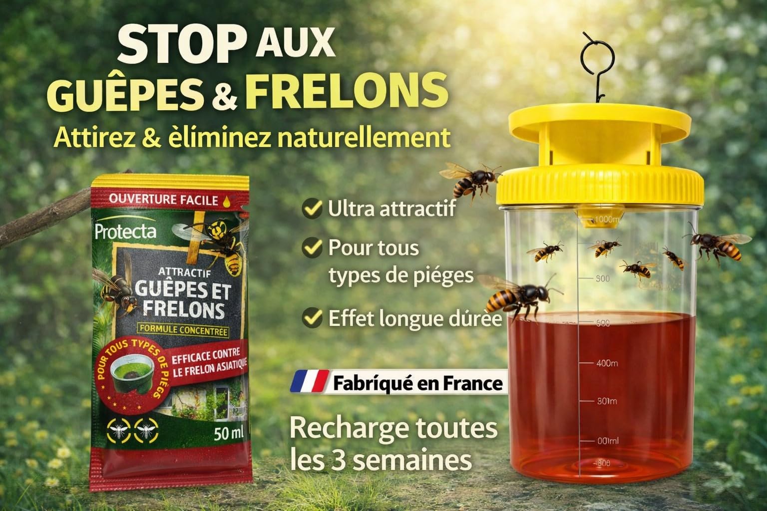 PROTECTA Recharge pour Piège à Guêpes et Frelons – Attractif Concentré – Lot 5x50ml– Compatible Tous Pièges – N’Attire Pas les Abeilles