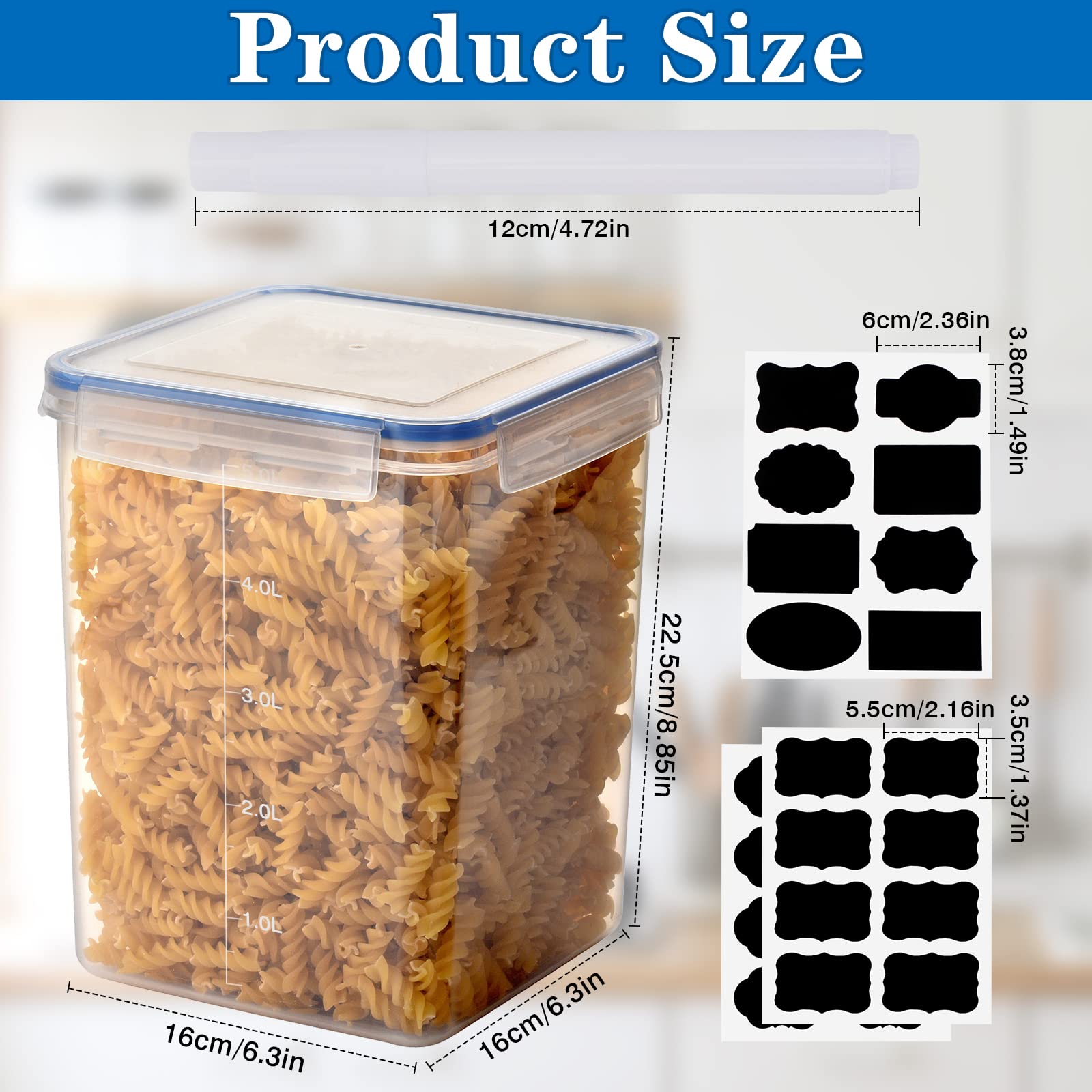 5.2L Contenitori Alimentari per Cereali 4 Pezzi, Contenitori Ermetici per Alimenti Cucina Plastica con Coperchio, Barattoli Ermetici per Alimenti, Porta Pasta, Contenitori Cereali per Muesli,Farina