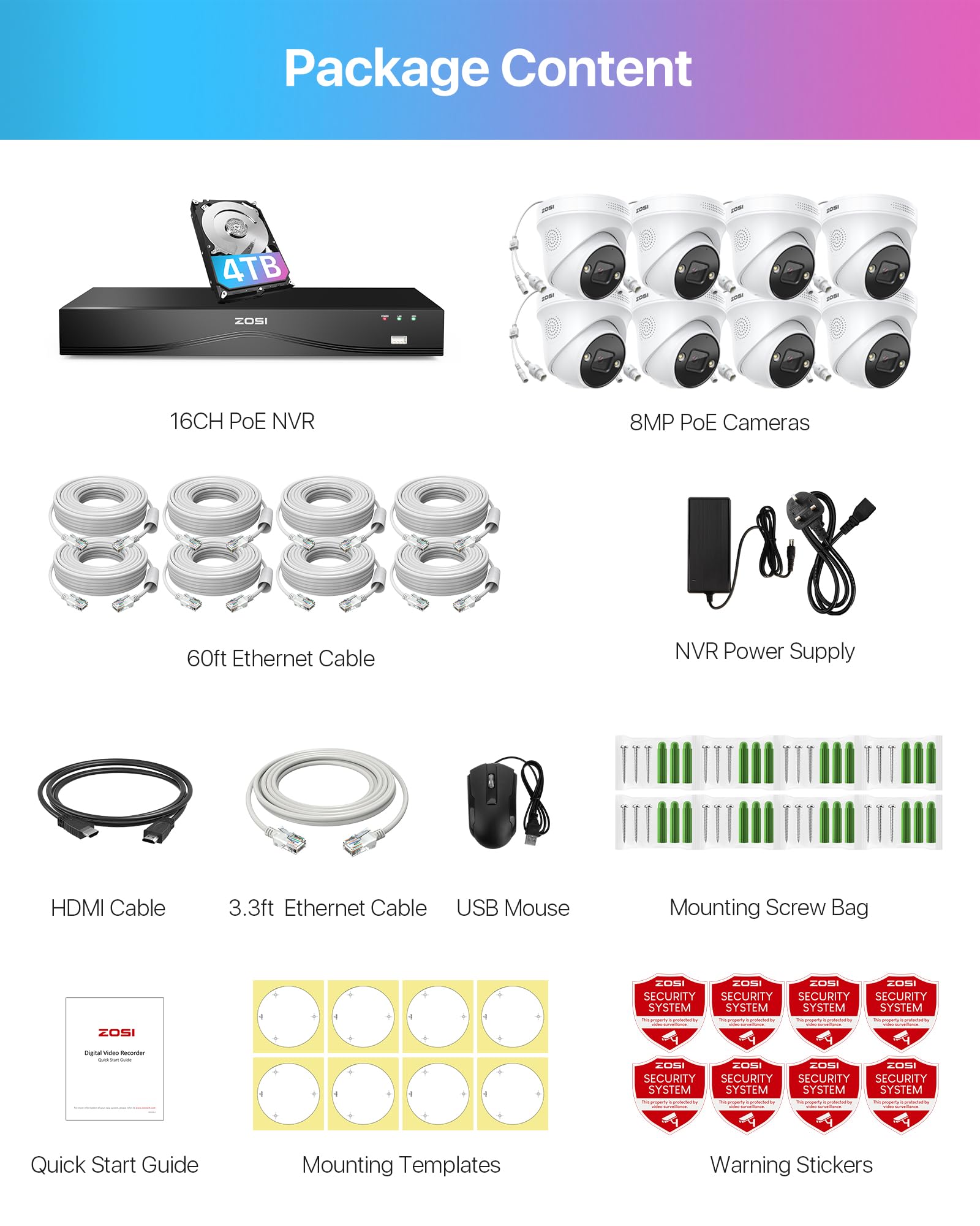 ZOSI Kit Cámaras de Vigilancia PoE 16CH 4K NVR(Ampliable a 32CH) con (8) 8MP Cámara Seguridad Exterior, Detección y Alarma de Persona, Visión Nocturna Color, 4TB Disco Duro Incluido