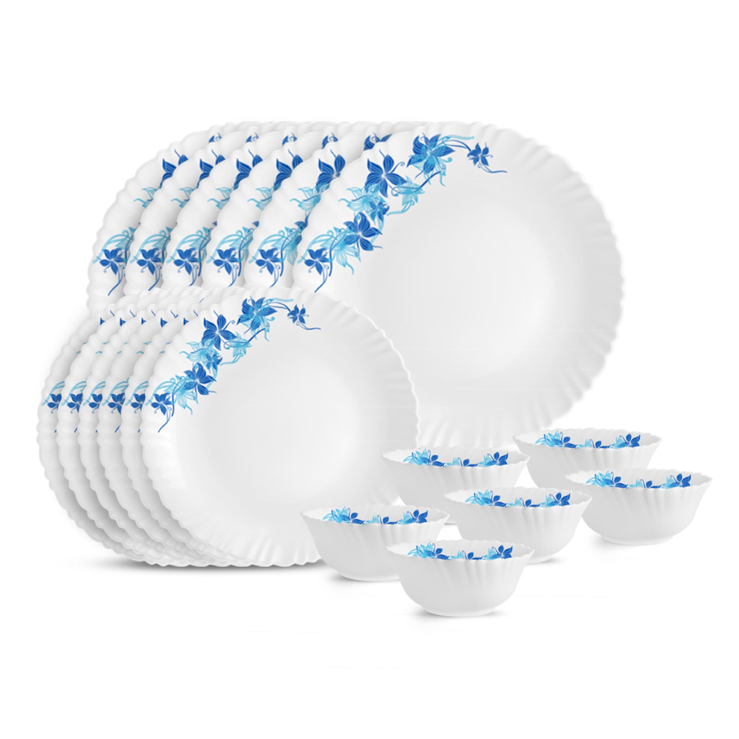 Cello Opalware Dazzle Series Blue Swirl 18-Piece Dinner Set Serving for 6 | Bone Ash-Free | Elegant White & Blue Design | Microwave & Dishwasher Safe | Chip-Resistant | Opal Glass Crockery Set