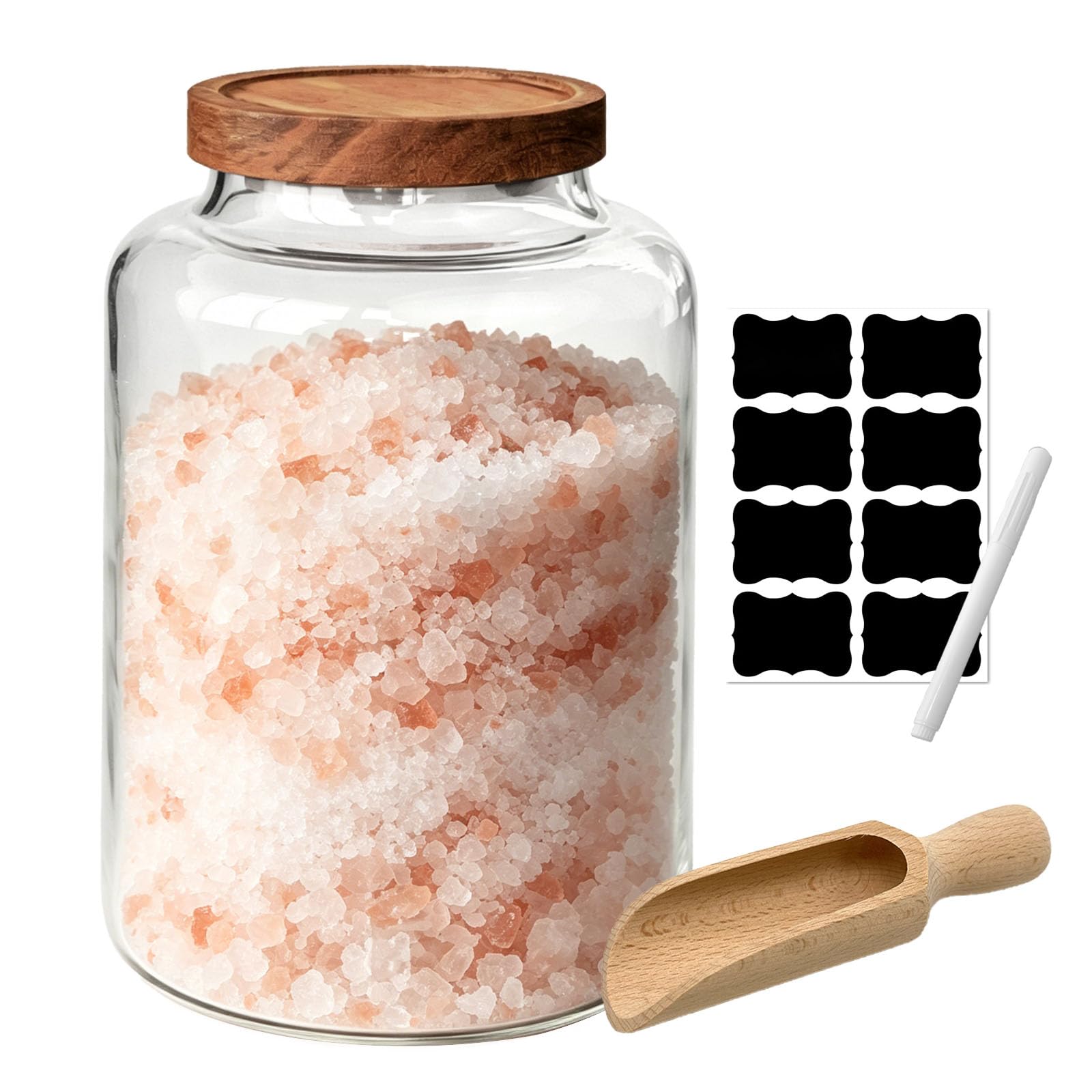 GANILITY Bath Salt Jar, 2L Glass Bath Salt Jar with Scoop and Wooden Lid, Large Bathtub Jars With Label, Bathroom Decor and Accessories, for Storing Laundry Soap, Bathsalts and Powders