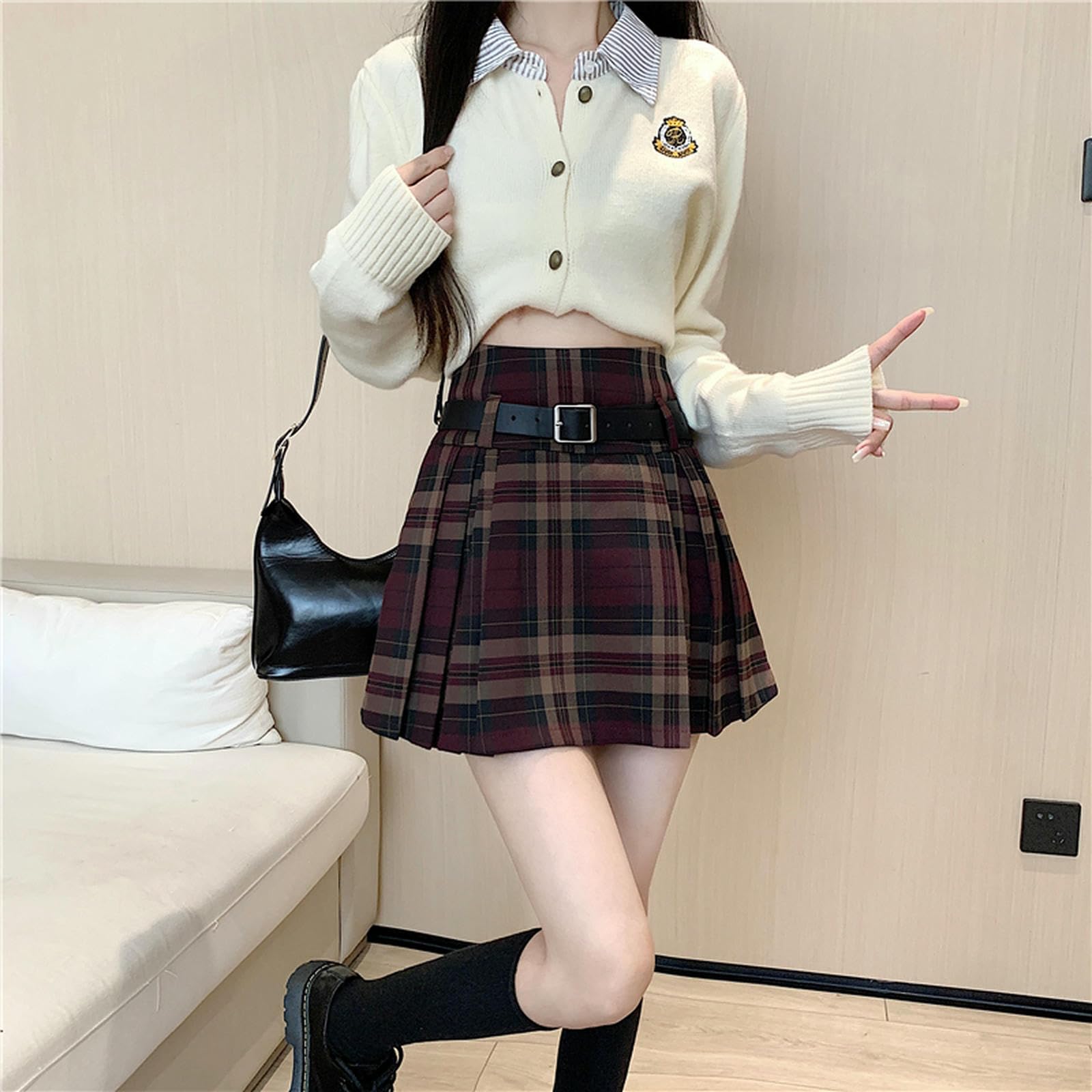 Gonna Lunga Scozzese con Cintura A Vita Alta Pieghe, Minigonna da Tennis per Donna, Stile Preppy, Abito Vintage Accademico-Verde-XL