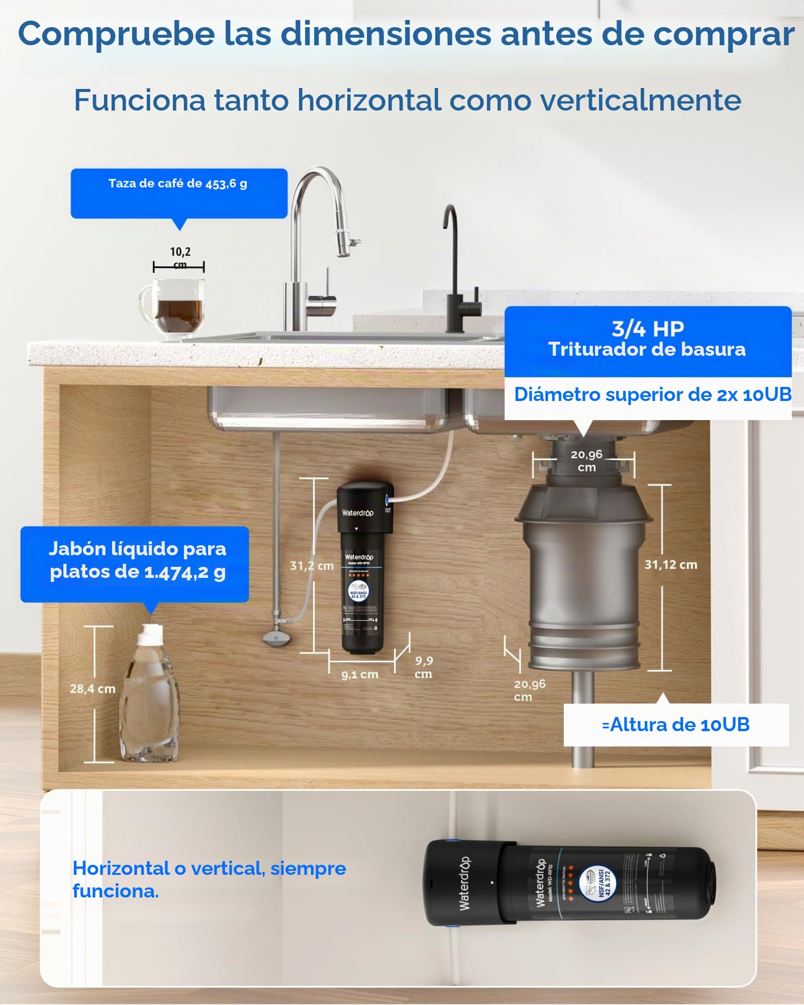 Waterdrop 10UB-B Filtro de Agua Bajo Fregadero con Grifo Negro Mate, Certificado NSF/ANSI 42, 11000 Galones Sistema de Filtrado de Agua, Reduce 99,99% el Plomo, el Cloro, el Mal Sabor