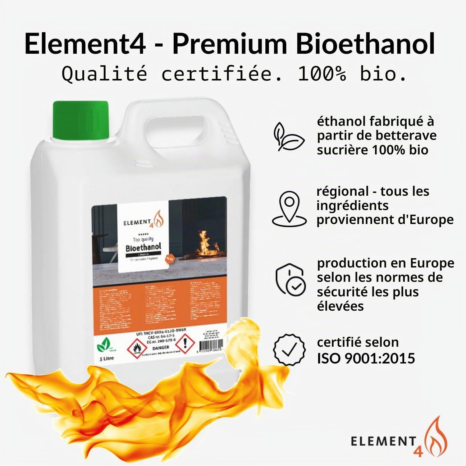 Element4 Bioéthanol 5 Litres Sans Odeur - Premium 96,6% - Compatible Avec Toutes Les Cheminées à l'Éthanol (Intérieure et Feu de Table) - Durée de