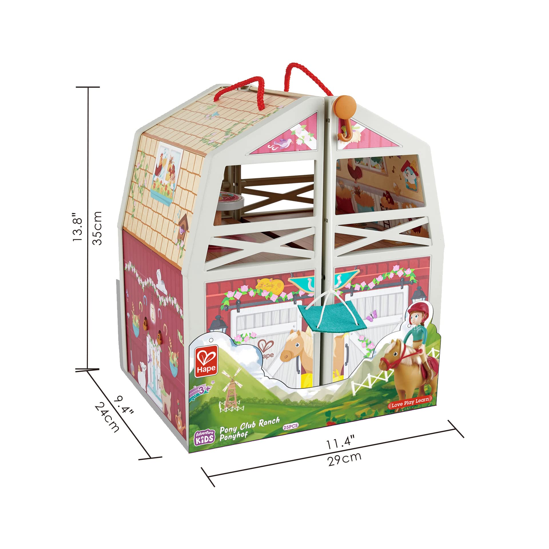 Hape Ranch Pony Club - Casa delle bambole compatta con scuderia richiudibile per gioco di ruolo a tema cavalli dai 3 anni