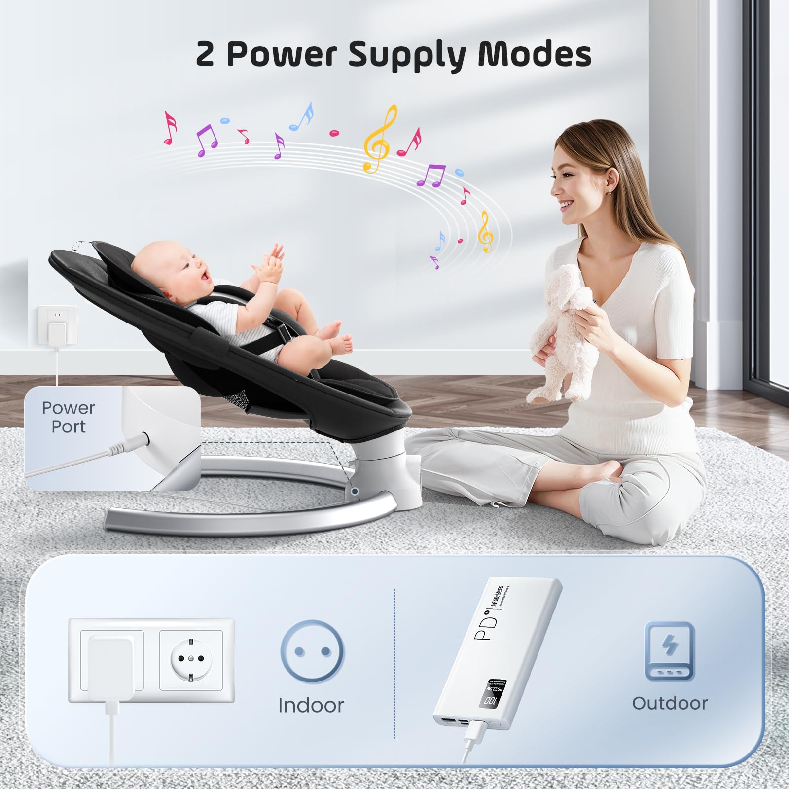 Bouncer eléctrico para bebés con 5 amplitudes de swing temporizador de 3 etapas, silla de gorila para bebés con control de aplicaciones móviles y control remoto(Negro)