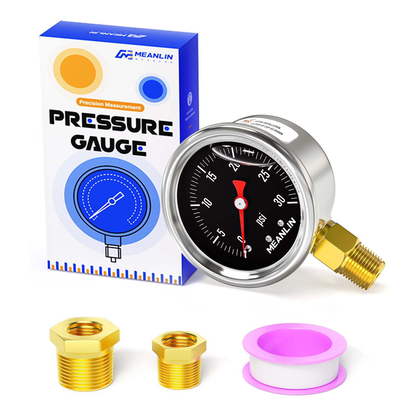 MEANLIN MEASURE 0~30Psi Stainless Steel 1/8" NPT 1.5" FACE DIAL, Glycerin Filled Pressure Gauge, Liquid Filled, Lower Mount(Black) with 1/4" NPT and 3