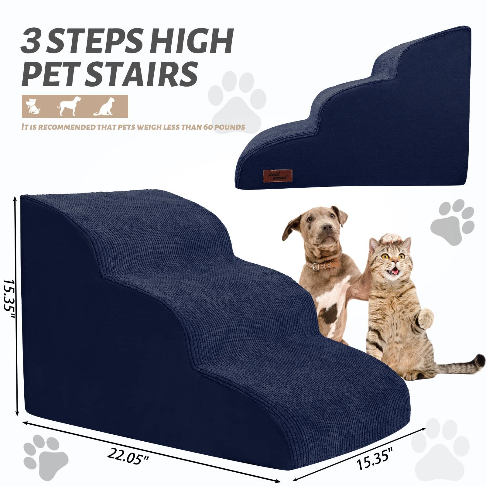Dog Stairs and Steps for Beds Or Couches, 3-Step Pet Stairs & Steps for Small Dogs and Cats, Soft and Non-Slip Dog Ramp for Older Dogs,Pet with Joint Pain,Easy to Walk