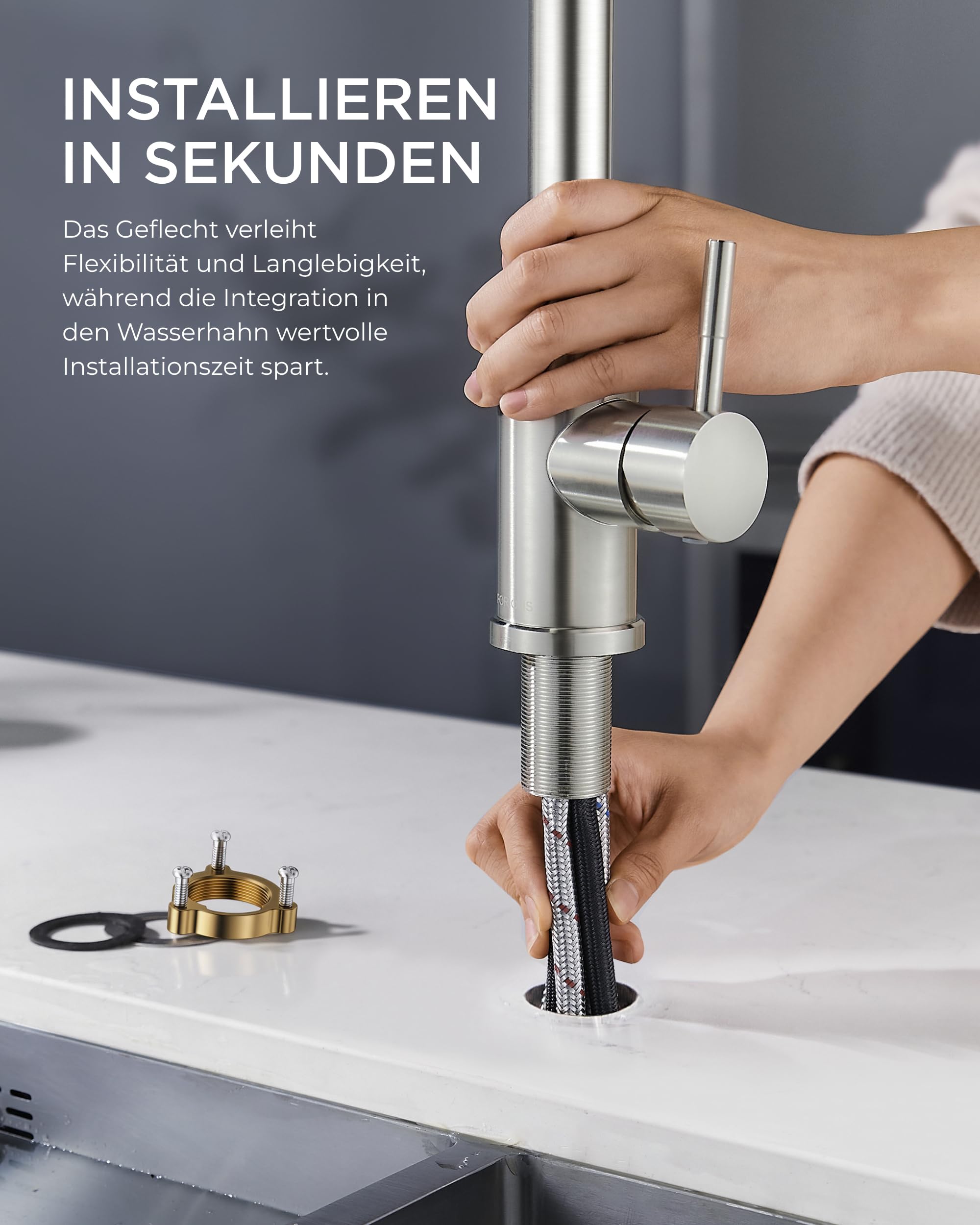 FORIOUS Wasserhahn Küche, Hochdruck Küchenarmatur mit Herausziehbarer Brause Ausziehbar Armatur, Mischbatterie Spültischarmatur, 360° Schwenkbar Zwei Sprühfunktionen, Edelstahl, Standard