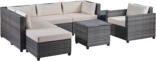 Miniatura 4 de HomSof Juego de 8 muebles de mimbre para exteriores sillas de patio grupo de asientos seccionales de ratán con cojines beige 5 plazas