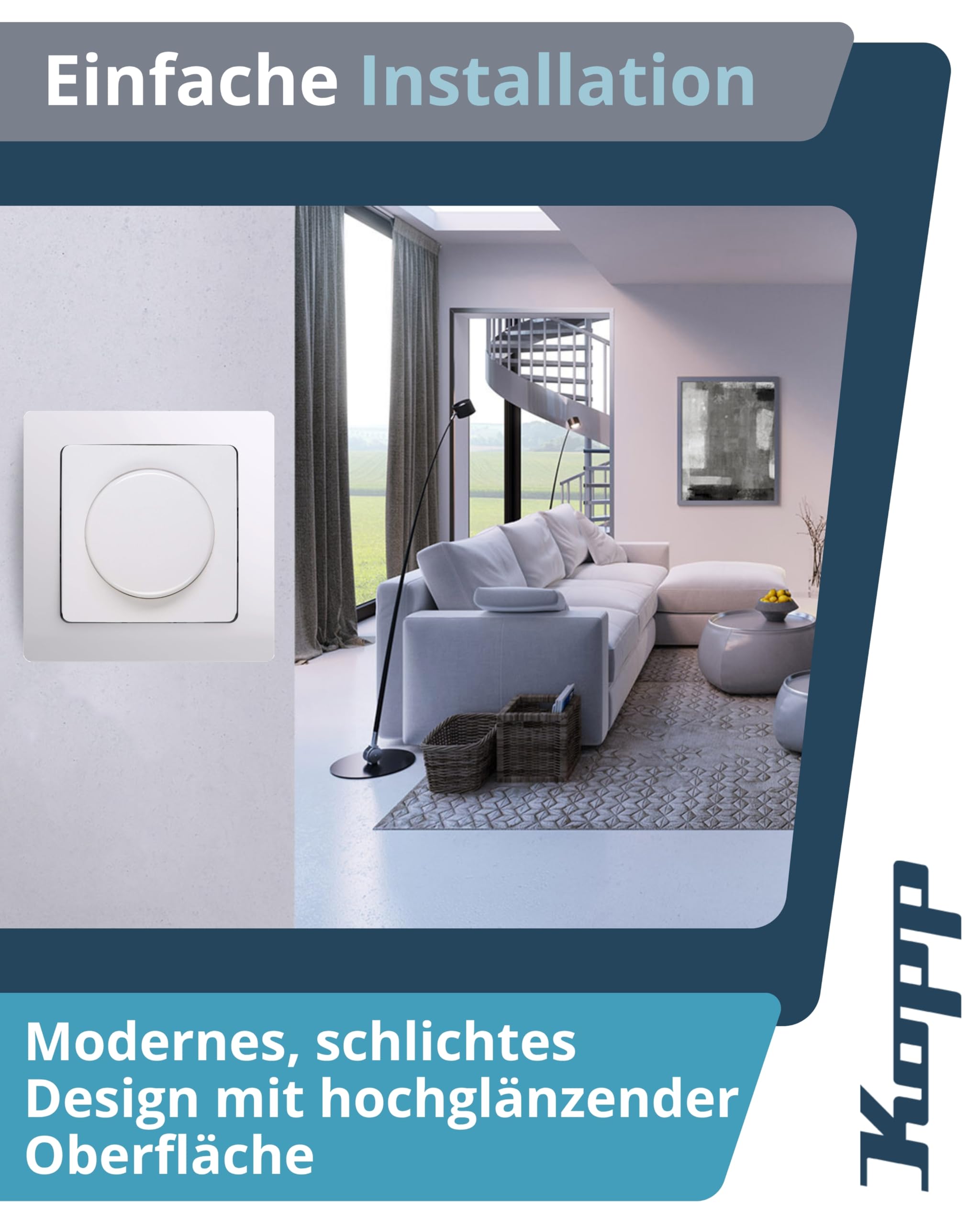 Kopp PARIS Druck-Wechselschalter-Dimmer mit Drehknopf - Arktis-Weiß - Für 7-110W Glühlampen & 3-35W LED - Dimmbarer Lichtschalter für Trafos - Phasenanschnittsdimmer mit Softrastung