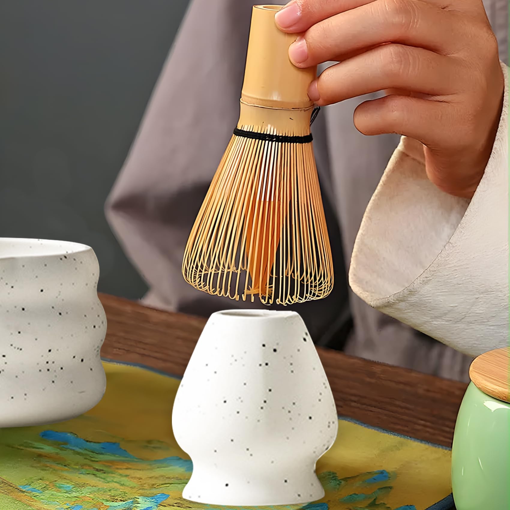 Matcha Tee Set mit Matcha Besen und Schale, Matcha Schneebesen und Keramik Matcha Besen Halter Set von 5 Matcha Kit für Zeremonie(Weiß)