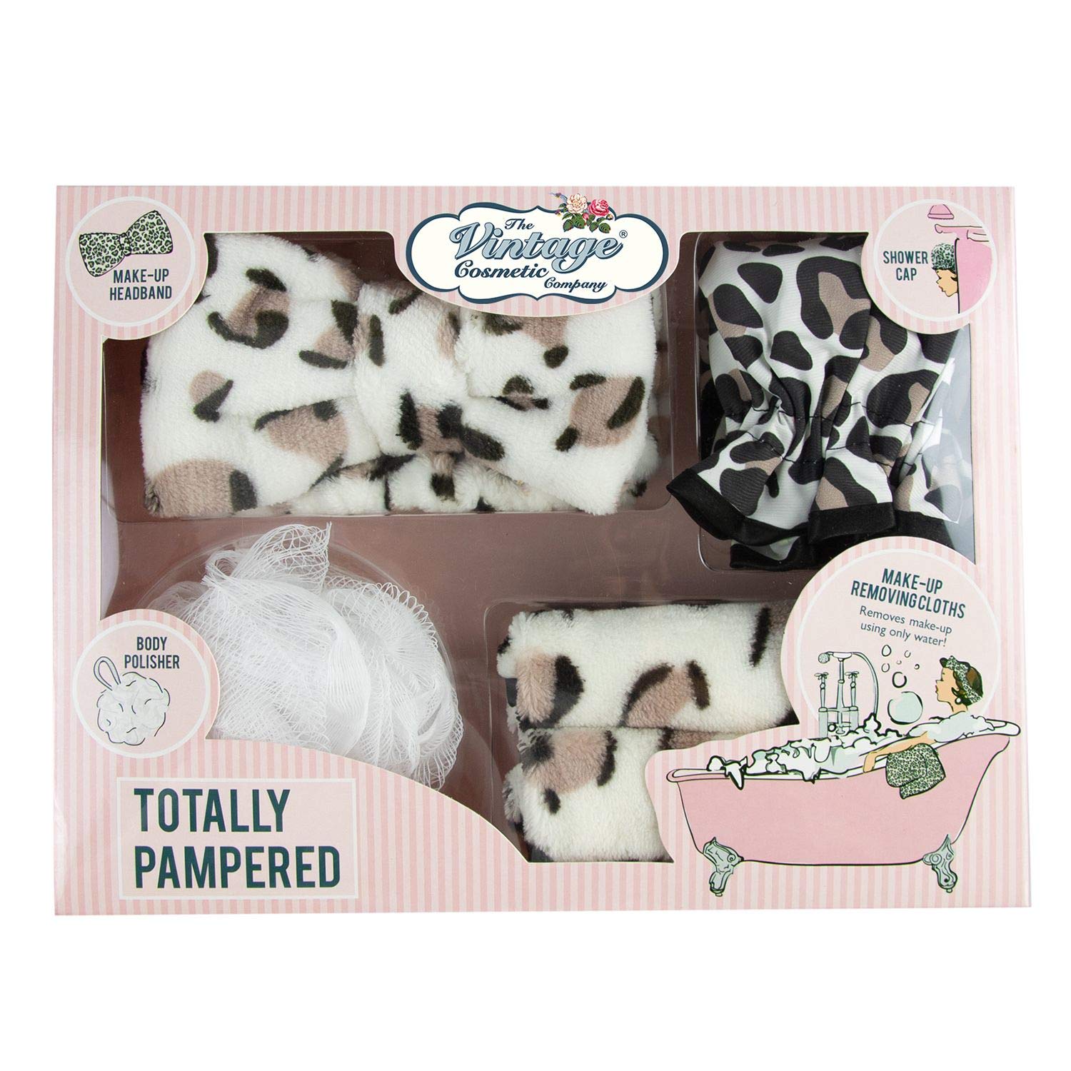 The Vintage Cosmetic CompanyTotally Pampered Set, Includes Make-up Remover Cloths Shower Cap Make Up Headband Body Polisher, Relax and Pamper Gift Set, Leopard Print Design