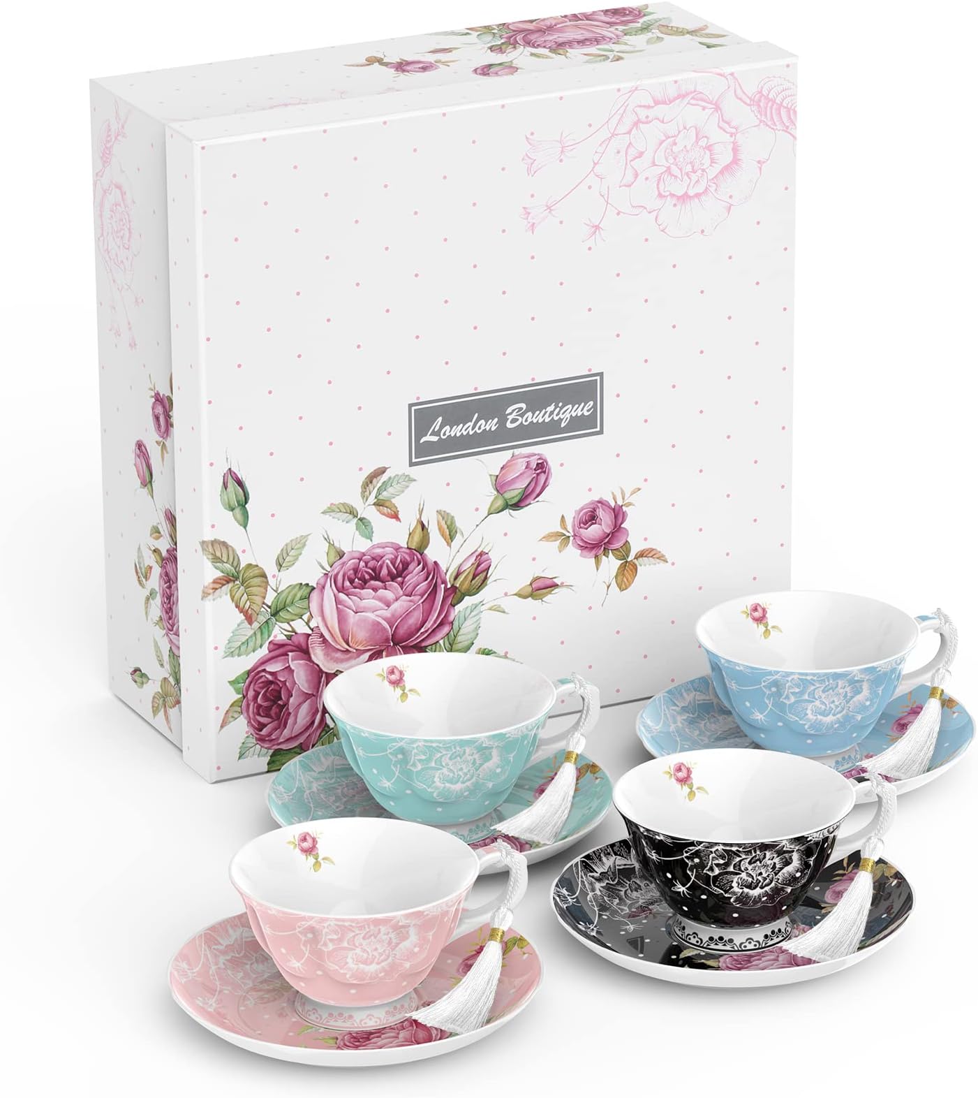 Tea Cup and Saucer Set 1 Afternoon Tea Set New Bone China Vintage Flora Gift Box 200m (1 colour each)