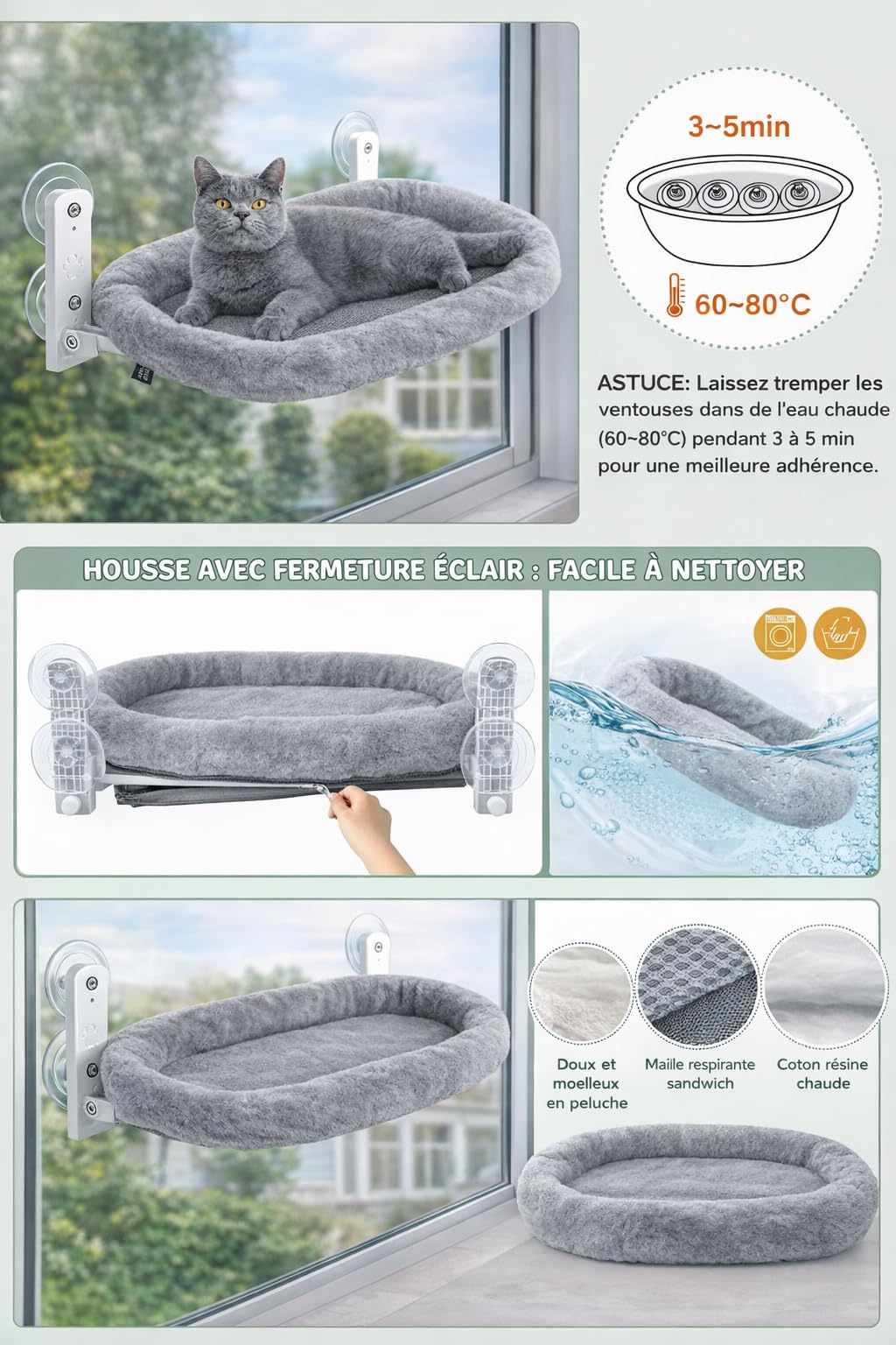 Hamac Chat Fenêtre avec Ventouses Renforcées – Lit Suspendu Réversible Été/Hiver – Perchoir Stable Jusqu’à 18 kg – Couchage Pliable en Hauteur – Taille L/XL – Blanc ou Gris (Gris, Large)