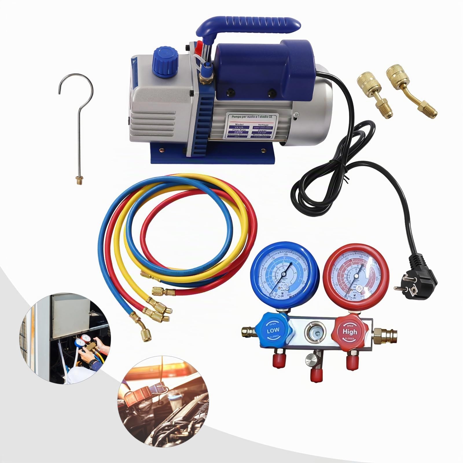 Pompa per vuoto, pompa sottovuoto, set di riparazione per auto, pompa per vuoto da 180 W, con pressione sottovuoto da 5 Pa, set completo con manometro e tubi, per R134a e R410a