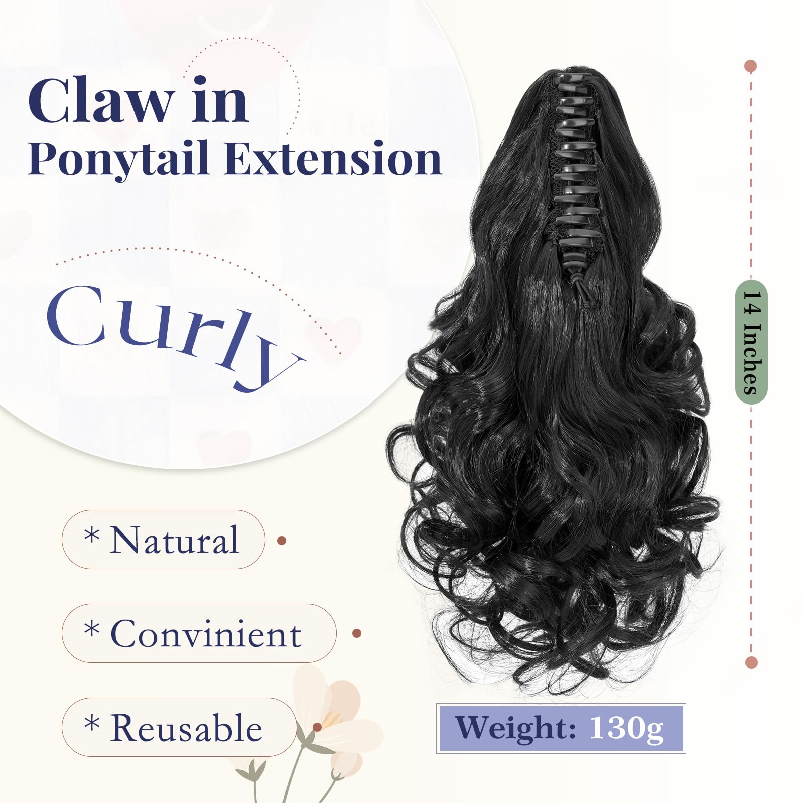 TESS Claw On Ponytail Extension Matte Material 14 Inch/37cm Curly Wavy Clip In Pony tail Synthetic Hairpiece, Natural Black - Image 2
