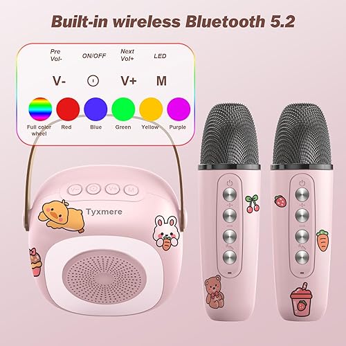 Miniatura 6 de Mini máquina de karaoke para niños y adultos, altavoz portátil de karaoke Bluetooth con 2 micrófonos inalámbricos y flash dinámico LED, para niñas,