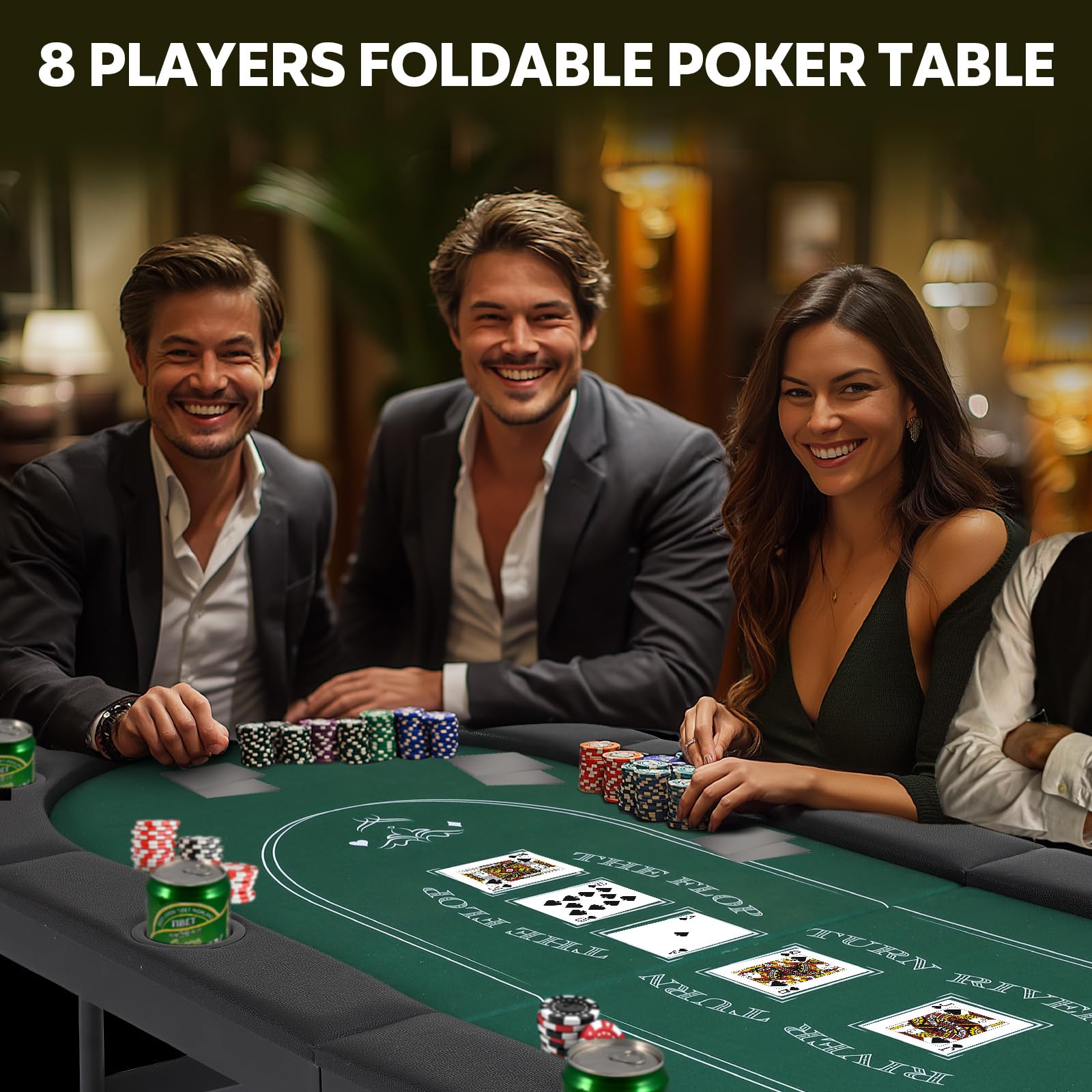 FAHKNS Mesa de póquer plegable para 8 jugadores, mesa de póquer plegable de 183,9 cm, mesa de blackjack de Texas, mesa de juegos para casino, mesa de juegos portátil plegable con soporte para bebidas