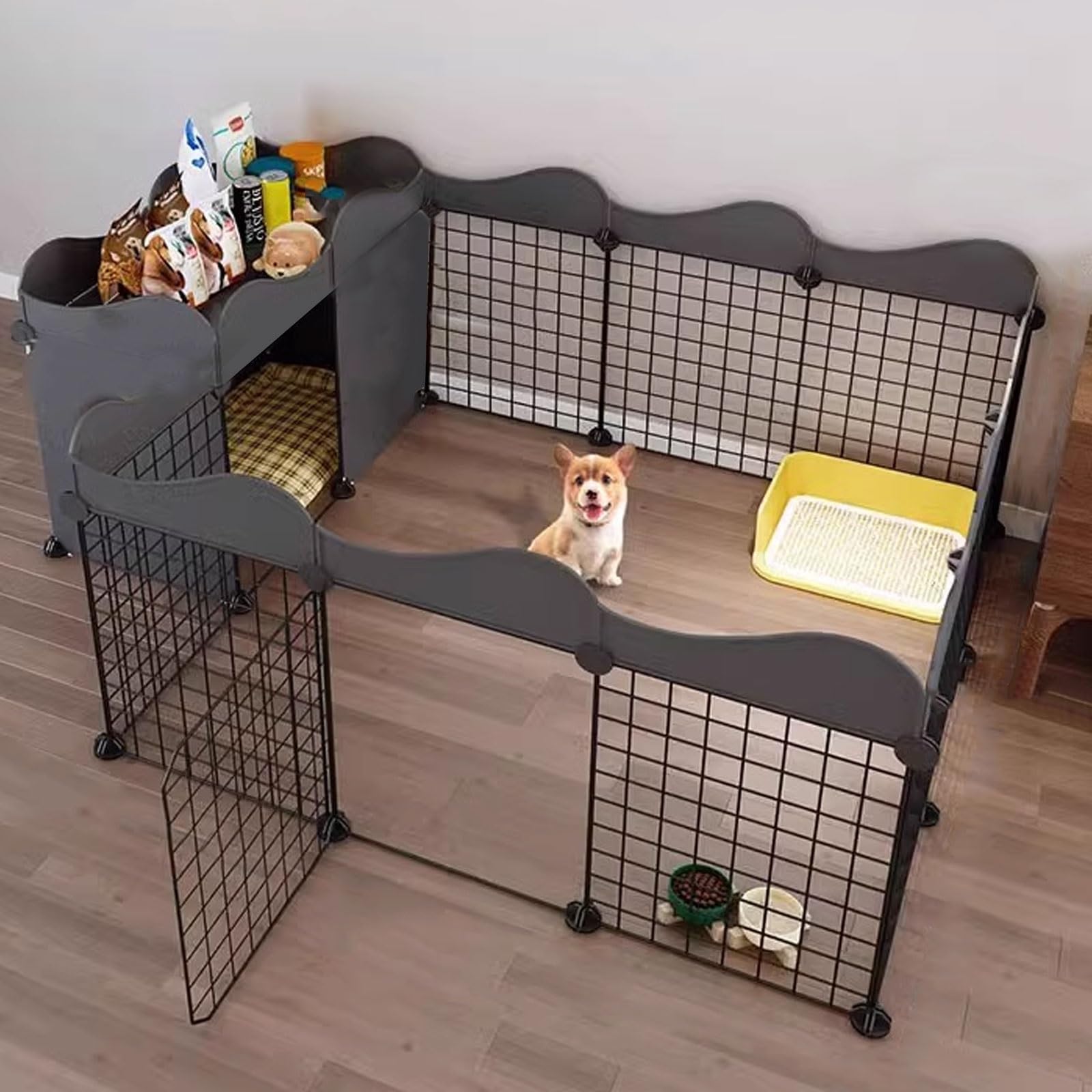 Hundezaun Camping mit Tür & Hundelaufstall für Wohnung Welpen - 56cm Höhe (5 Größen) mit Höherem Maschendraht, Oben Aufbewahrung, 2-in-1 Design, Stabile Spritzguss-Platte für Innen/Außen(140*105*56cm)