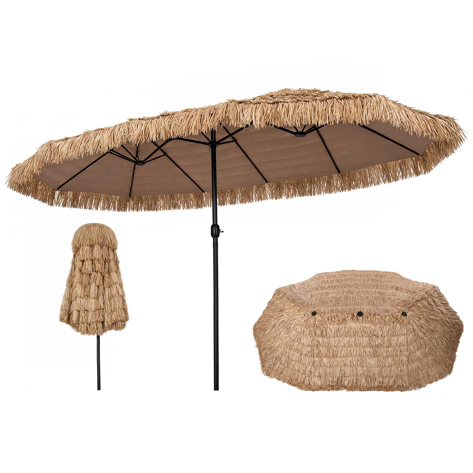 COSTWAY Doppelsonnenschirm 450x260cm, Sonnenschirm Hawaii, Gartenschirm mit Kurbel, Strohschirm Groß XXL, Terrassenschirm, Marktschirm für Garten, Terrasse & Pool