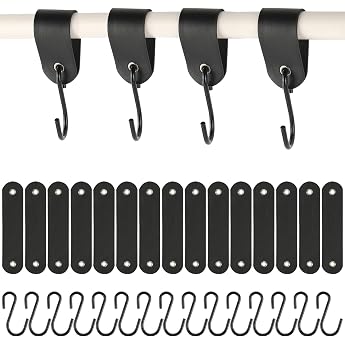 Pack of 15 Hooks with Leather Loop Stainless Steel S Hooks Black 12.5 x 3 cm Hooks for Hanging Clothes Hooks for Wardrobe and Camping