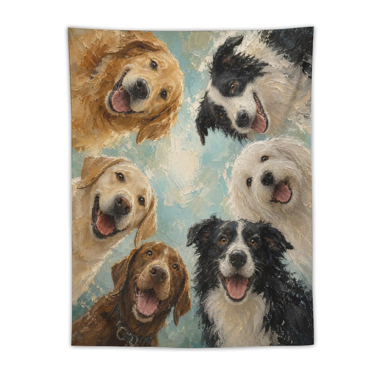 W7C8U2X3 Happy Dog Group Portrait Wall Tapestry, Realistic Illustration