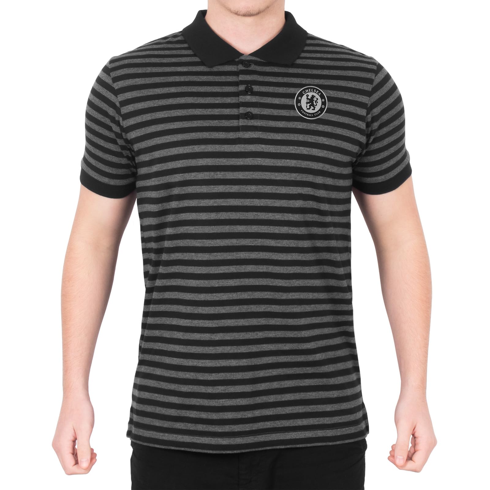 Chelsea Official Football Gift Mens Striped Polo Shirt Black Grey Marl XL