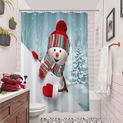 Miniatura 2 de BROSHAN Cortina de ducha de Navidad para niños, bonita cortina de ducha de muñeco de nieve de Navidad, juego de decoración de baño de tela de