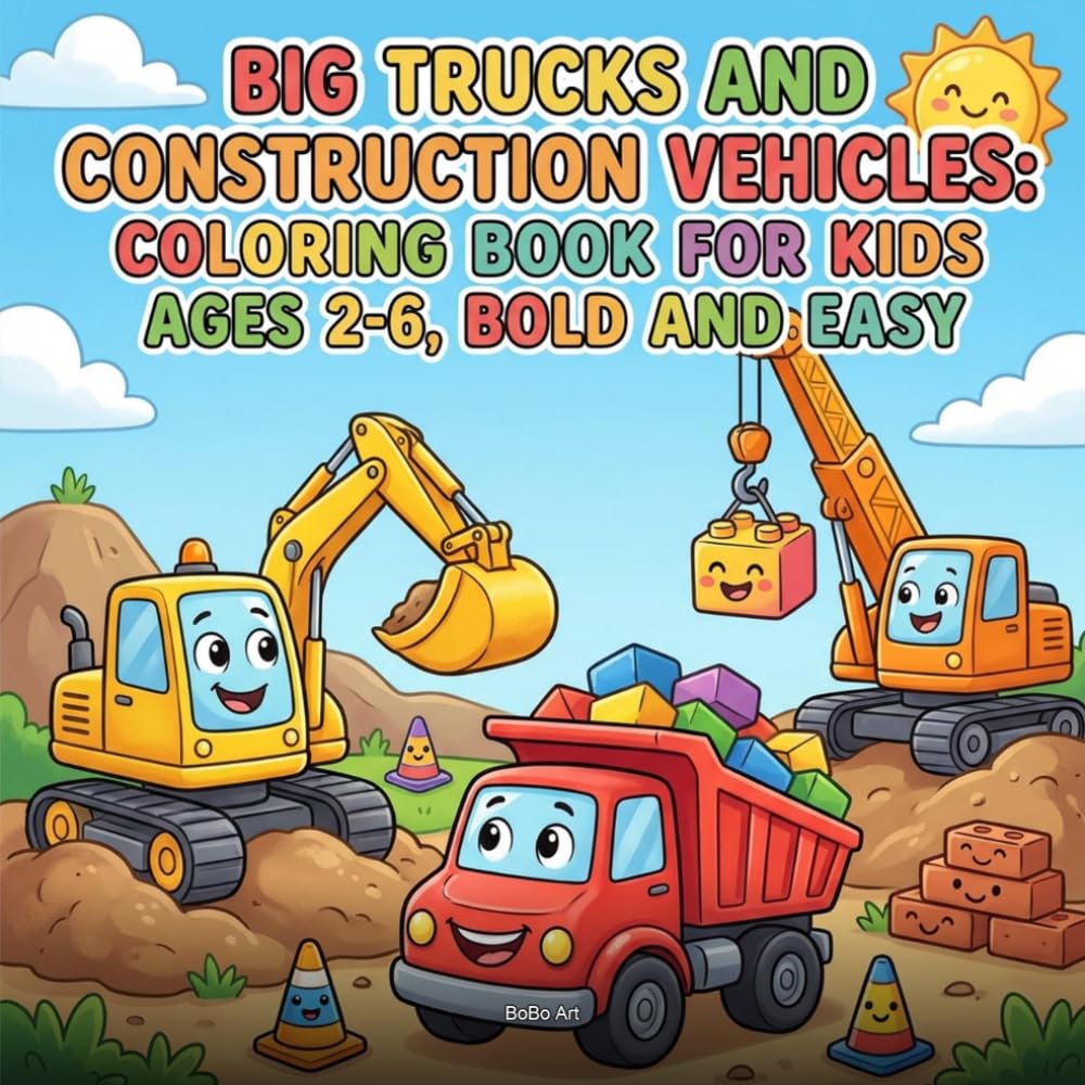 Big Trucks and Construction Vehicles: Coloring Book for Kids Ages 2-6, Bold and Easy: 30 Fun Excavator, Dump Truck, and Crane Designs with Thick Outlines for Toddlers and Preschoolers