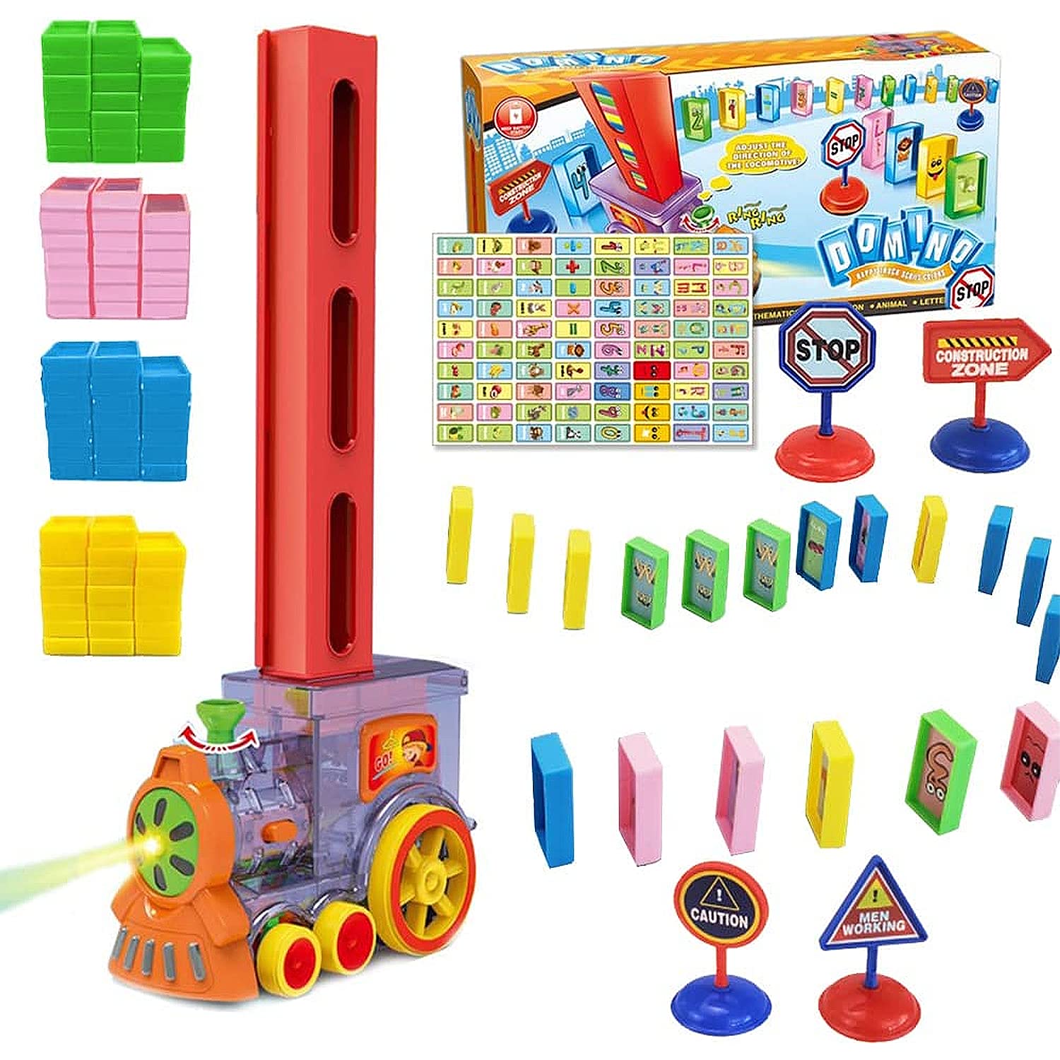 Kidology Domino Train Set - 80 Pieces | Domino Blocks with Lights and Sounds | Plastic Kids Toy | Building Block Construction | 4 Colors | Creative Children's Game | Preschool Educational Play