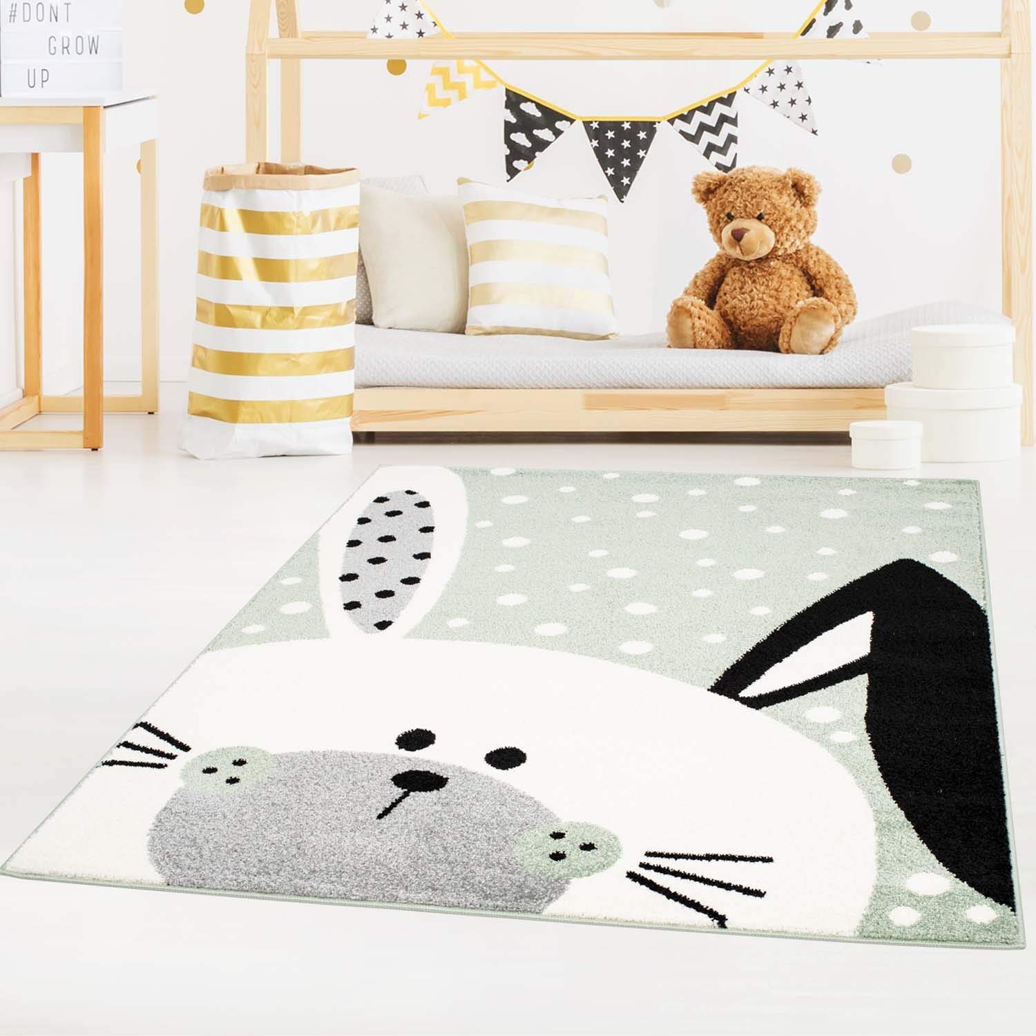 carpet city Verde – 140 x 200 cm – Lindo Conejo Blanco Lunares – Alfombra para habitación Infantil con diseño de Animales, Burbuja – 1316 – Verde – 140 x 200 cm