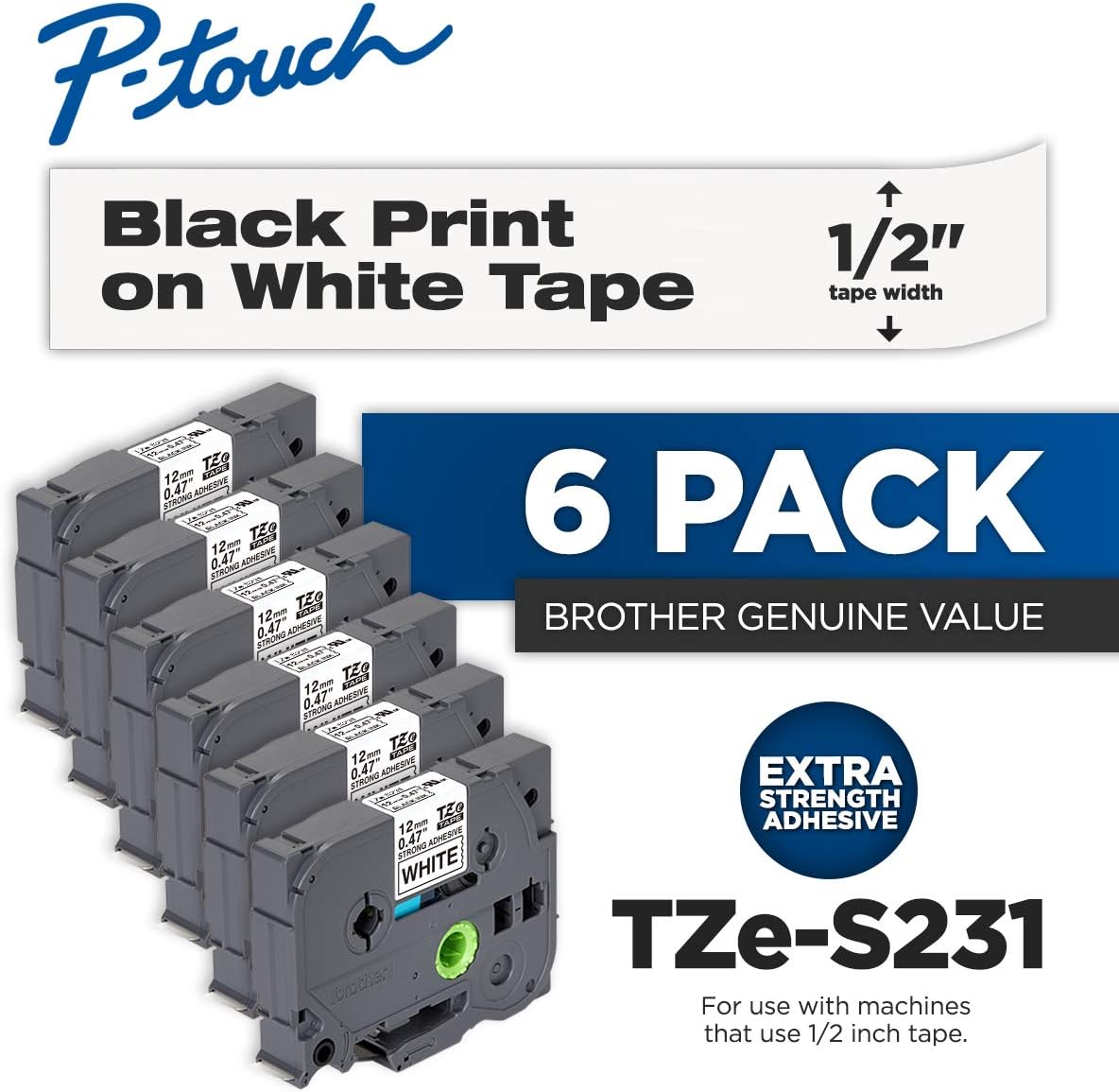 Brother Genuine P-Touch 6-Pack TZe-S231 Laminated Tape, Black Print on White Extra Strength Adhesive Laminated Tape for P-Touch Label Makers, Each Roll is 0.47"/12mm (~ 1/2") Wide, 26.2 ft. (8M) Long - Image 2