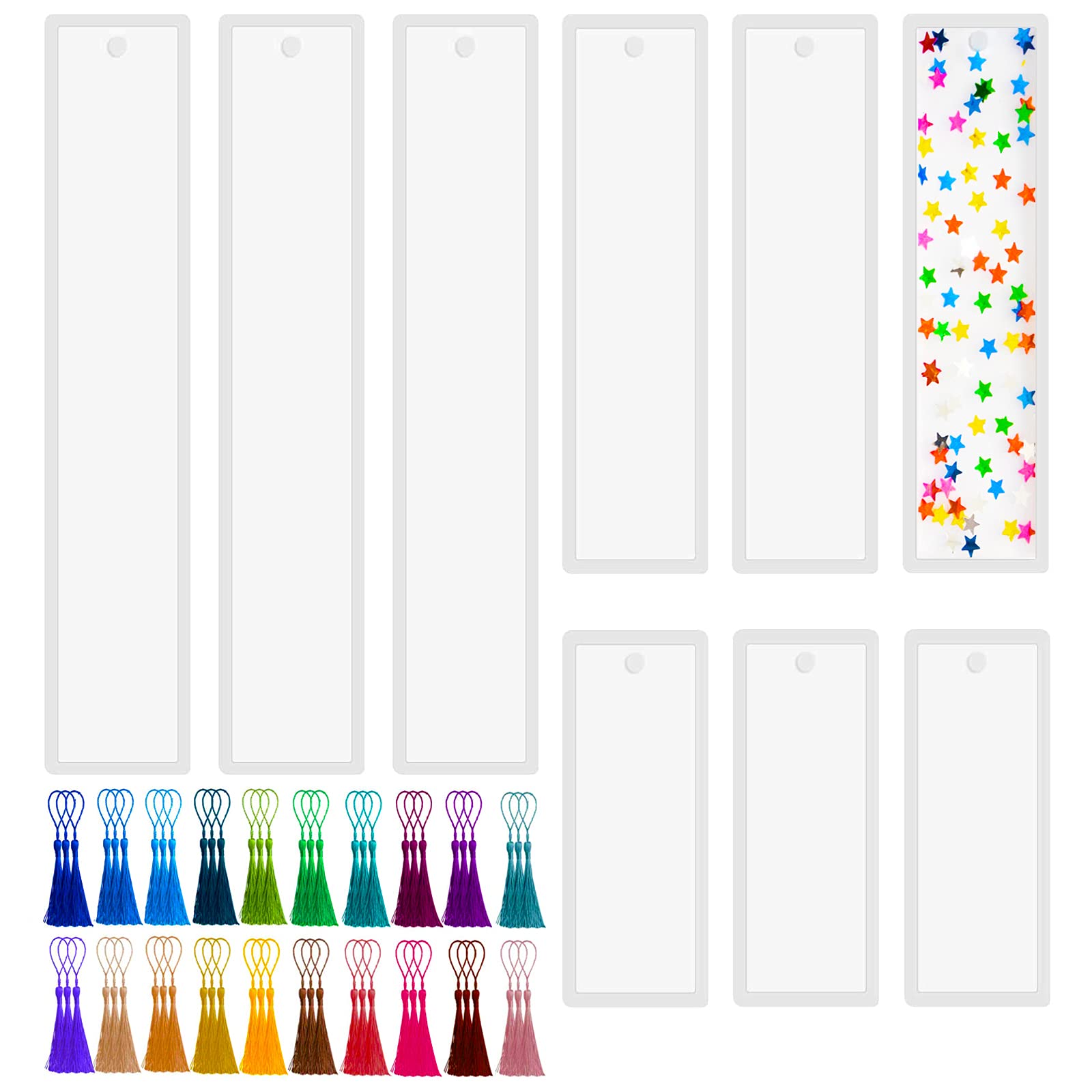 9 Pack Bookmark Resin Molds with 60 Pieces Colorful Handmade Silk Tassels, Rectangle Transparent Resin Molds Silicone Bookmark Mold Kit for DIY Art Craft