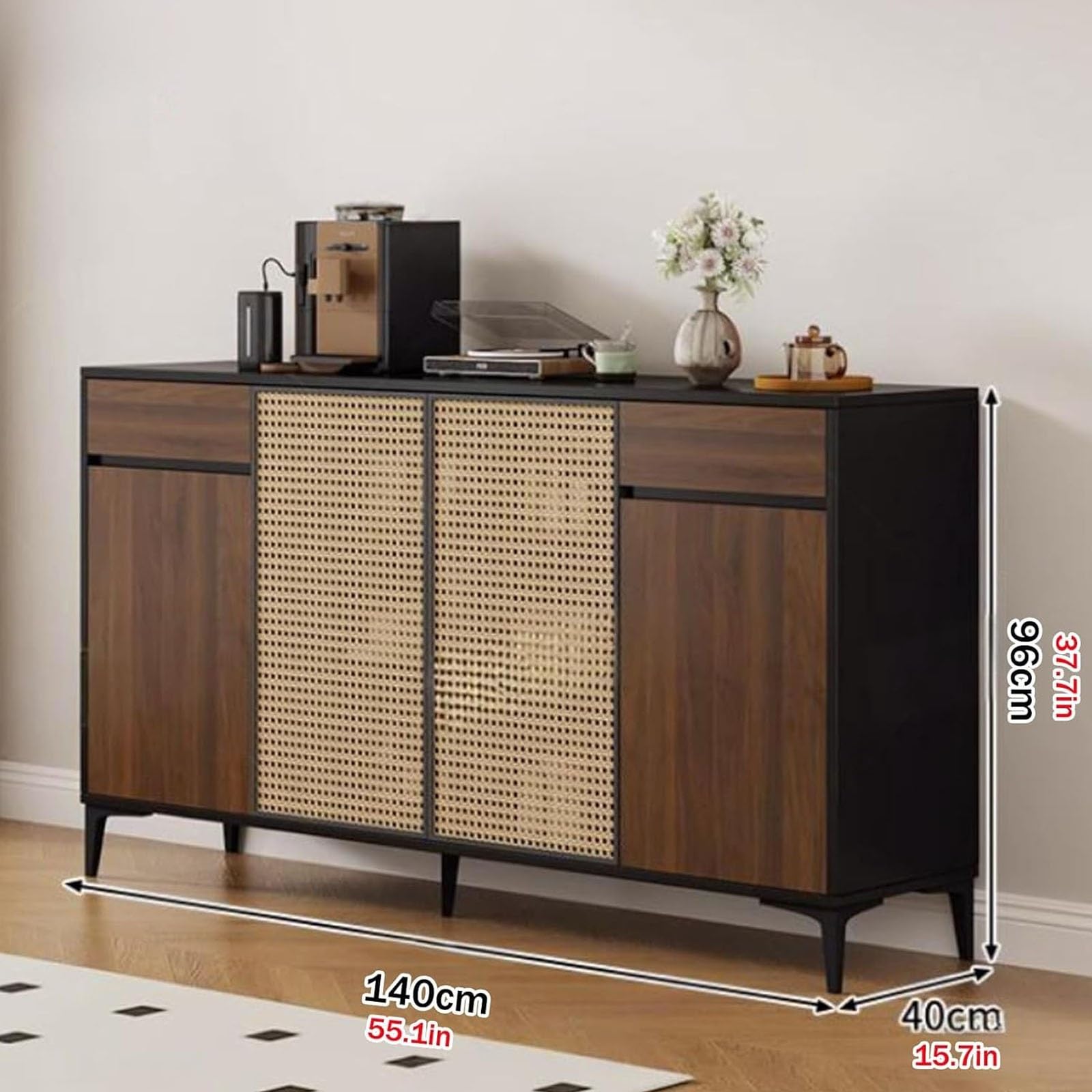 Kredens Formie Bufetu, Rattanowa Szafka Stylu Rustykalnym, Szafka z Szufladami, Dekoracyjne Szafki Barowe do Salonu W Przedpokoju(Black,140x96cm/55.1x37.7'')