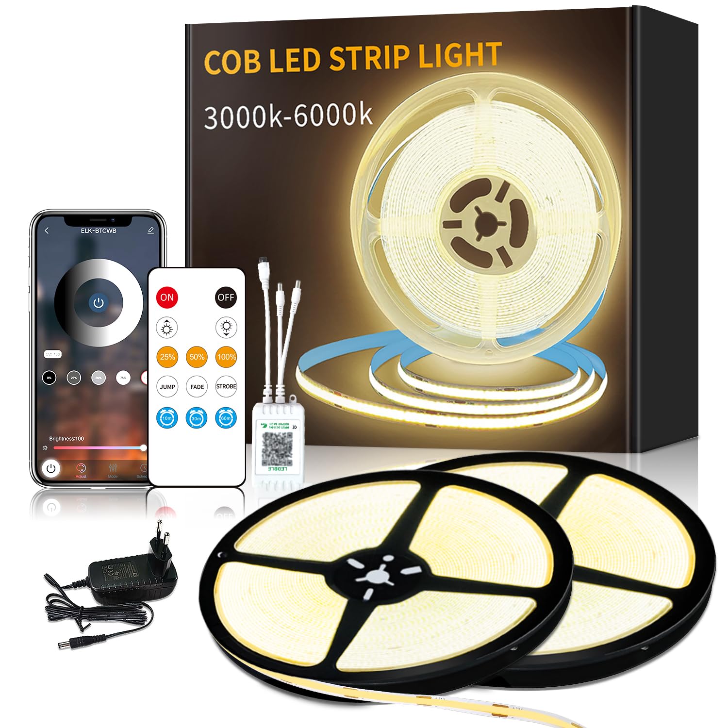 Yeewhale cob Led stripDC24V LED band,flexible Dimmbar COB LED Streifen, anwendbar auf Schlafzimmer, Raum,DIY Dekoration