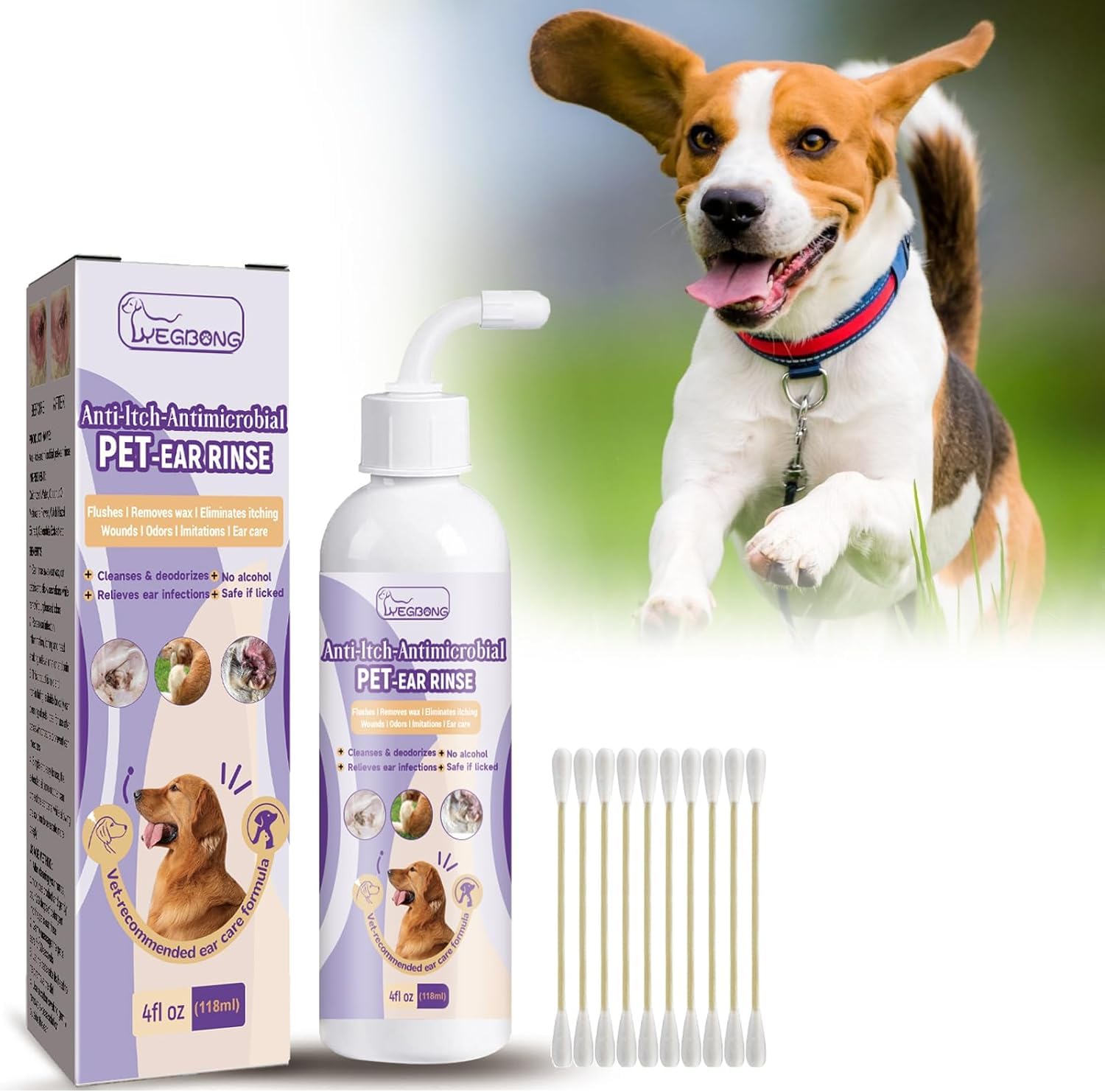 Ear Cleaner for Cats & Dogs, 118ml Ear Drops, Ear Cleaner, Earwax Remover, Dog Ear Rinse for Itching, Dissolves Dirt and Relieves Itching