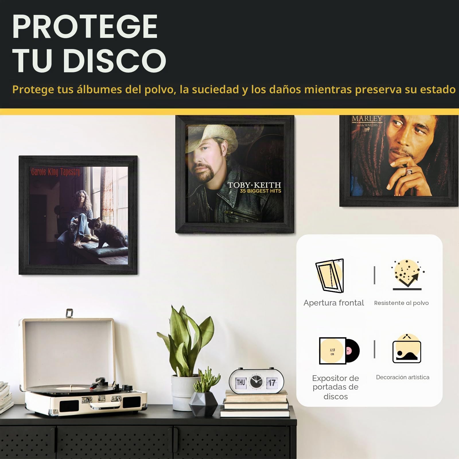 3 Piezas Caja Vinilos, Apertura Frontal de Pared, Soporte Vinilos, Madera Estilo Vintage Marco para Discos de Vinilo, para Exhibir Cubiertas de Discos de Vinilo LP de 12x12 Pulgadas (Negro)