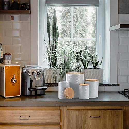 Miniatura 4 de Juego de recipientes de cocina blancos con tapas de madera, azúcar hermético, harina, café, juegos de recipientes para almacenamiento de galletas