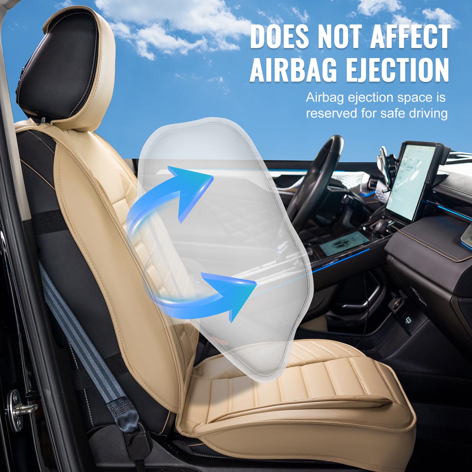 VEVOR Coprisedili Universali per Auto Sedili Anteriori 2 Pezzi Coprisedili in Ecopelle, Disegno Semi-Chiuso, con Poggiatesta Rimovibile, Airbag, per Maggior Parte delle Auto SUV e Camion Beige